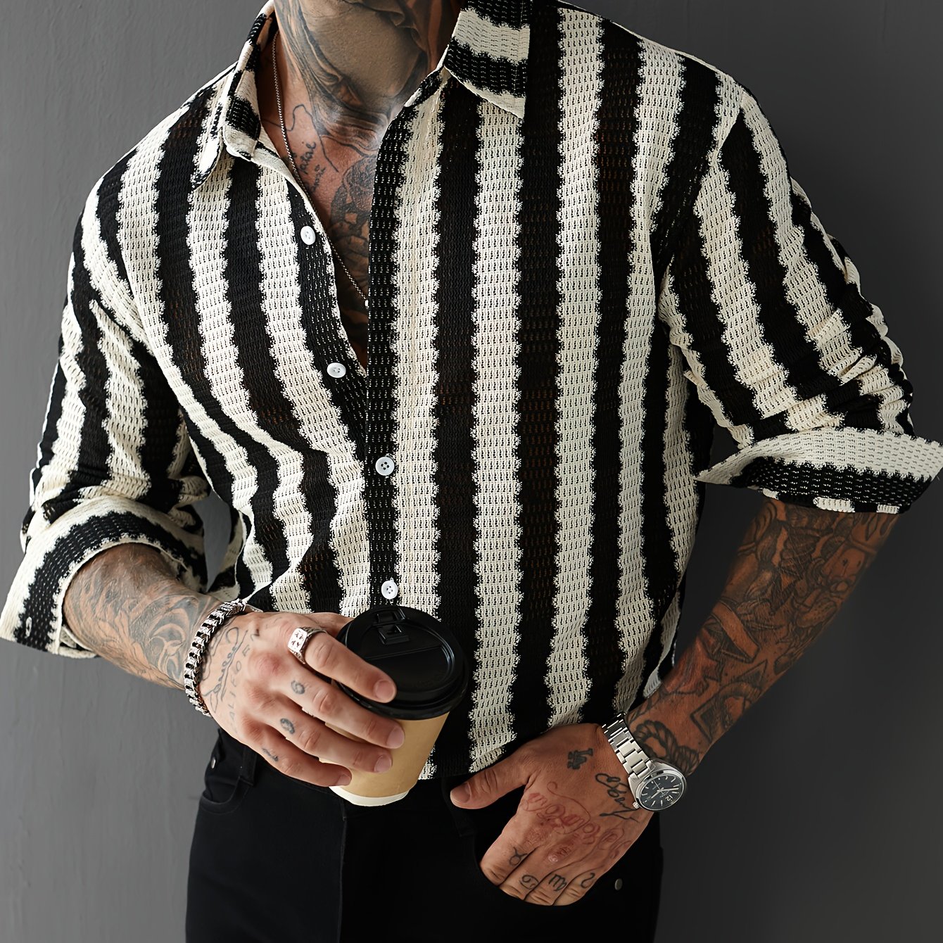 Image of Men's Loose Striped Textured Fabric Fashion New Casual Long Sleeve Shirt