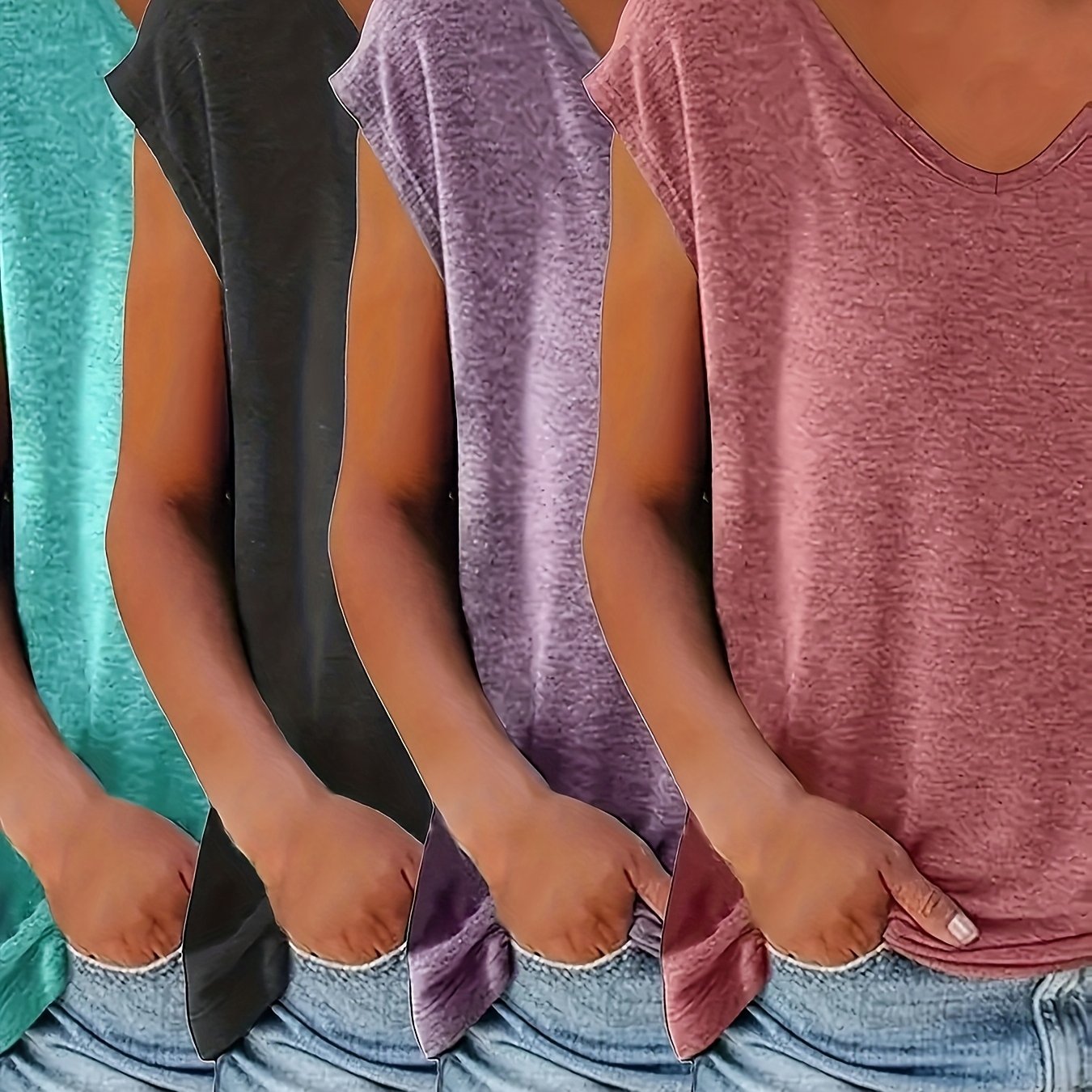 Plus Size, 4pcs Solid Color V-neck T-shirts, Casual Short Sleeve Spring/summer Women's Tees