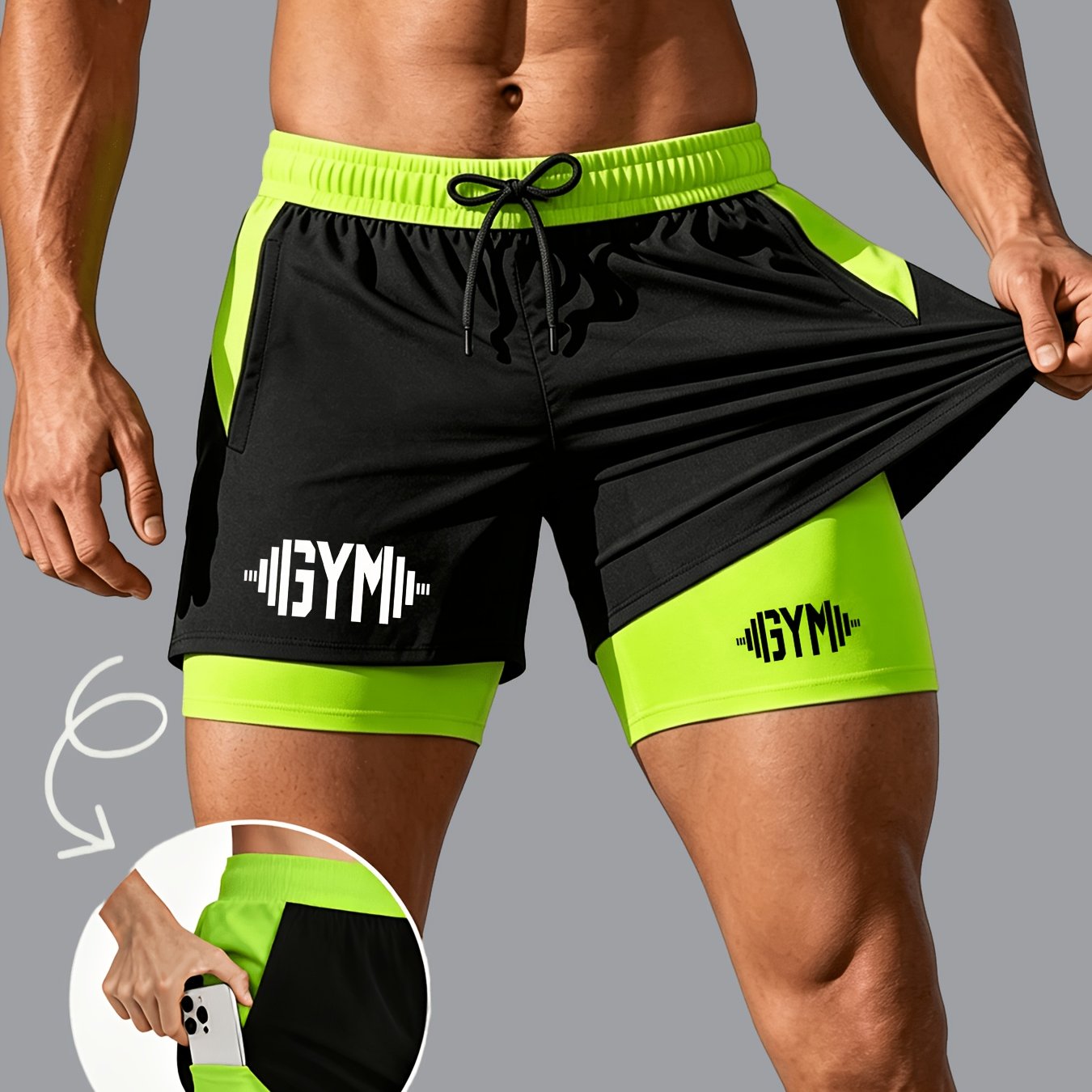 TEMU Sports Double-layer Shorts, Men's Breathable Quick-dry Athletic Shorts - Drawstring Waist With Pockets, Lightweight And Comfortable, Ideal For
