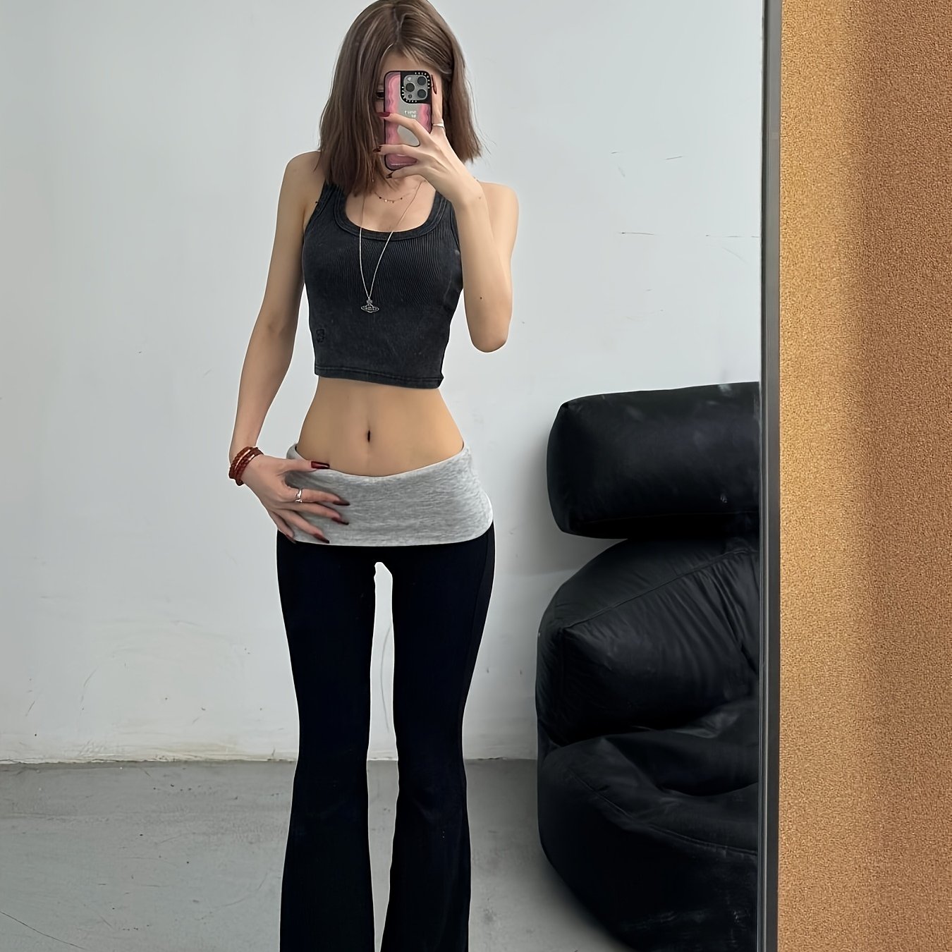 TEMU 女性用ハイウエストスパイシーデザインのカラーブロックフレアパンツ、カジュアルなオールマッチの夏用ロングパンツ、ワイドレッグのスウェットパンツ、快適な春秋用の黒いワイドレッグロングパンツ