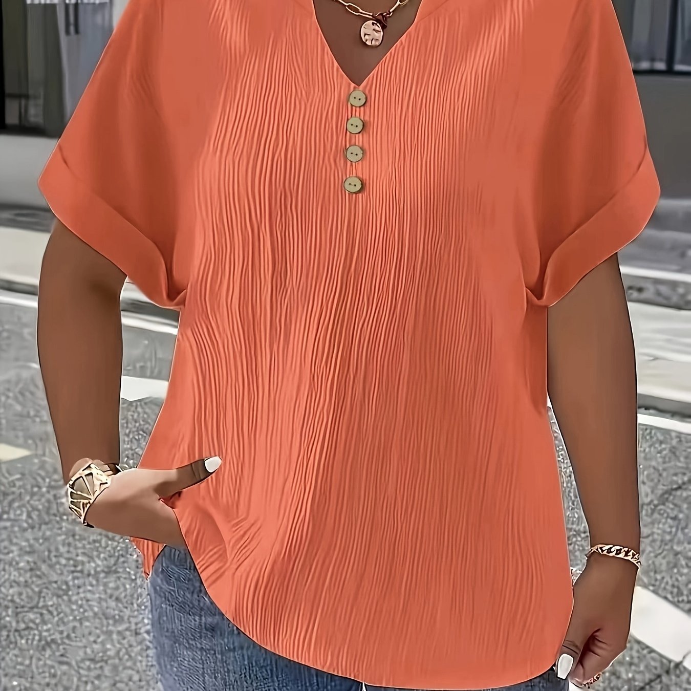 TEMU Women's Western Spring Summer Short Sleeve Button Solid Color Elegant Casual T-shirt 6033