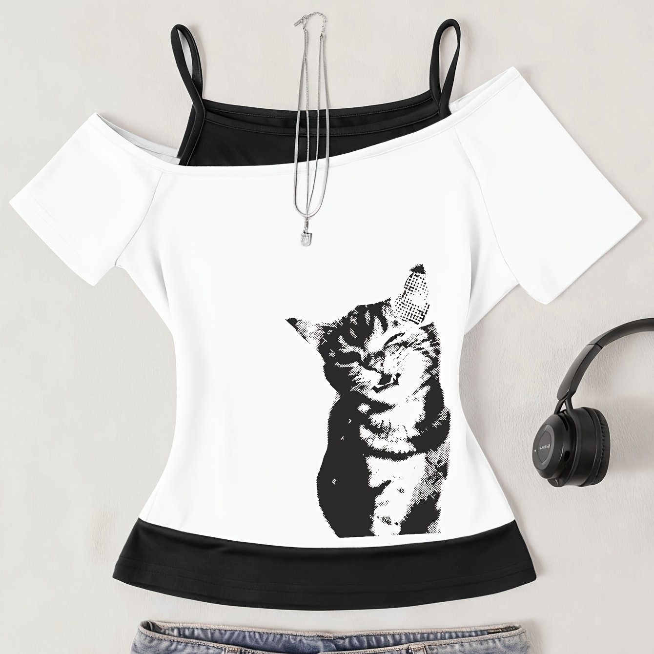 TEMU D372 - A Fashionable Fake Two-piece Top, Spring And Summer Slim Fit Versatile Off-shoulder Hot Short-sleeved T-shirt, Fashionable Print Pattern,