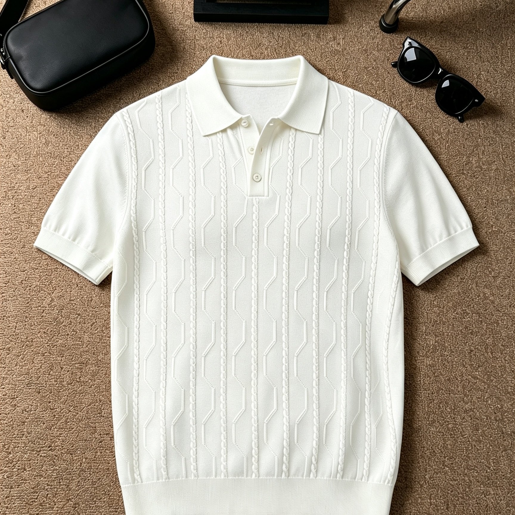 TEMU Men' Color 3d Twist Knit Short Sleeve Shirts, Light Soft Vertical Texture Lapel T-shirts, Versatile Casual Tops