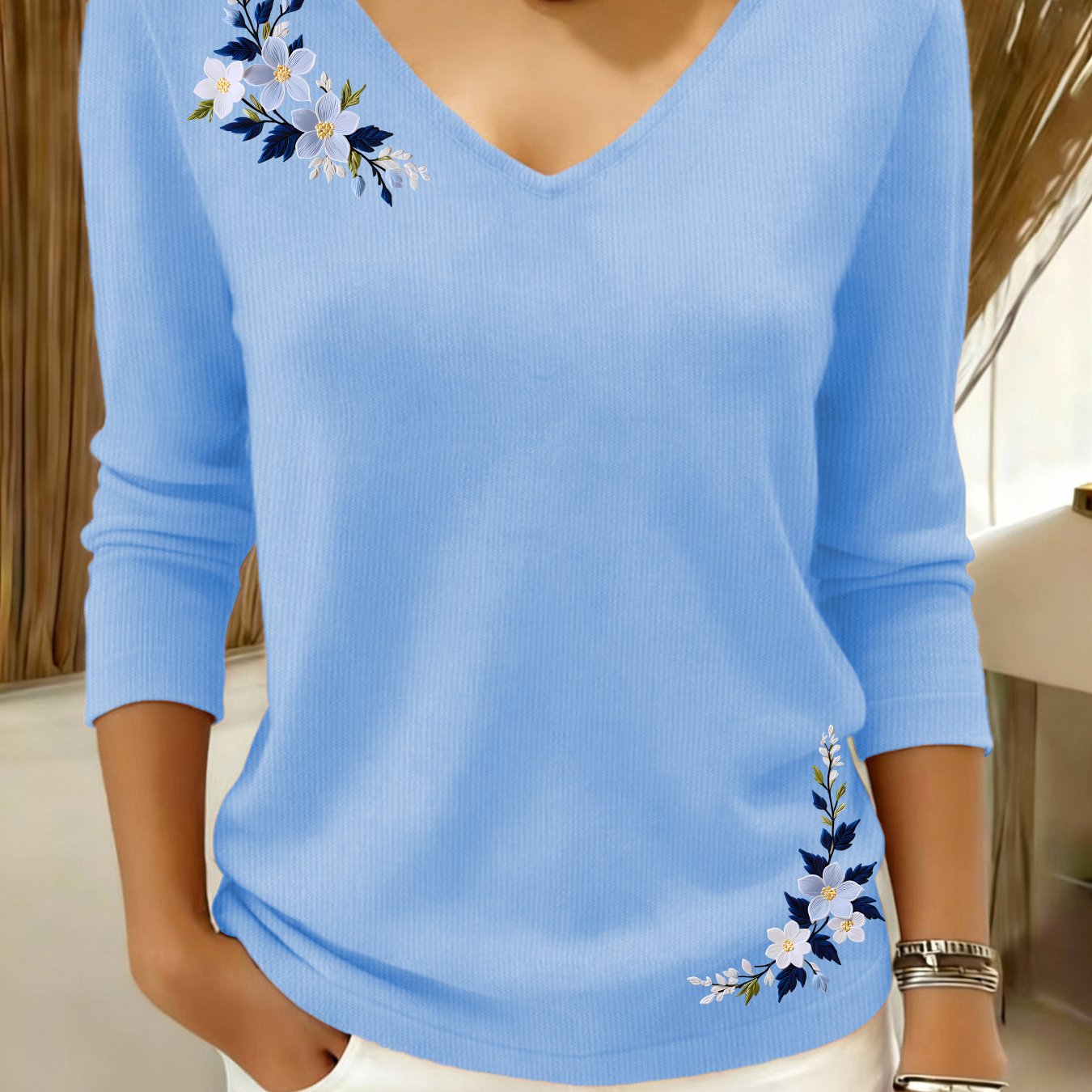 TEMU Pull Décontracté Femme - Manches Longues Col en V | Stretch Confortable, Design Texturé, Tissu Durable, Tendance, Texture Douce, Imprimé
