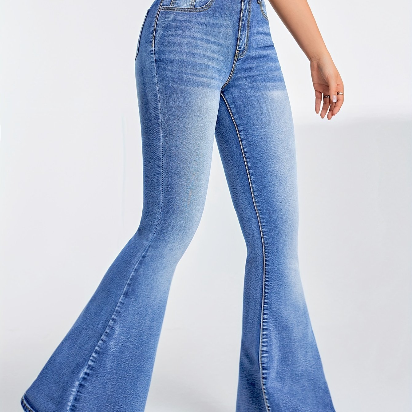 TEMU Vaqueros De Pierna Acampanada Azul Lavado Liso, Pantalones De Mezclilla Preppy De Alta Elasticidad Con Bolsillos Oblicuos, Jeans Y Ropa De