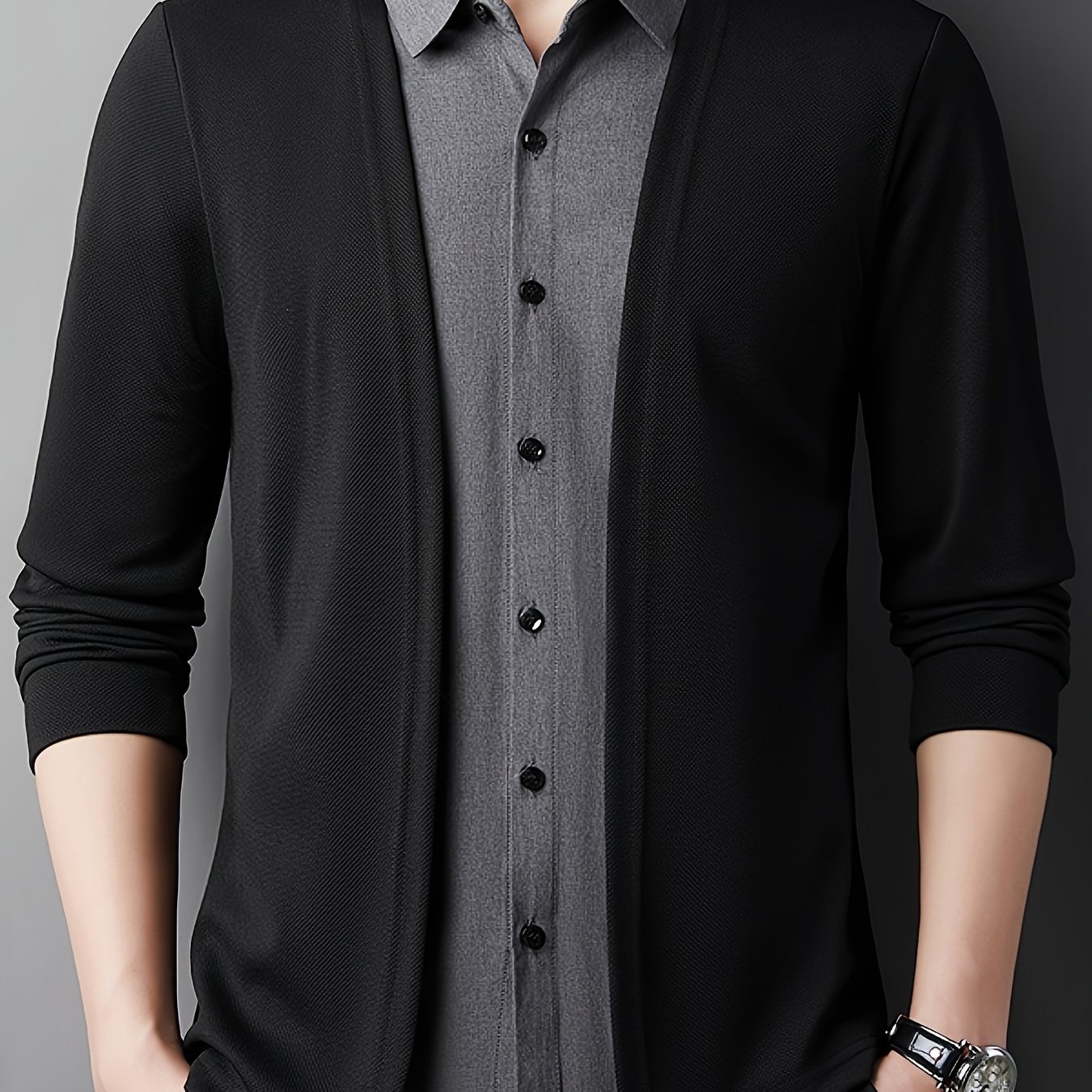 TEMU Men' Color Cardigan With A Two-piece Design, Featuring Button Closure, Stylish And Casual Outerwear For Autumn And Winter.