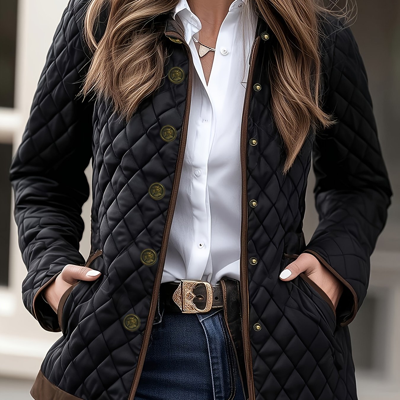 TEMU New Fall Clothes, Classic Fashion Jacket Style, Autumn Winter Women's Jacket, Fitted Style, Halloween Country Metal Buttons And Brown Trim Add
