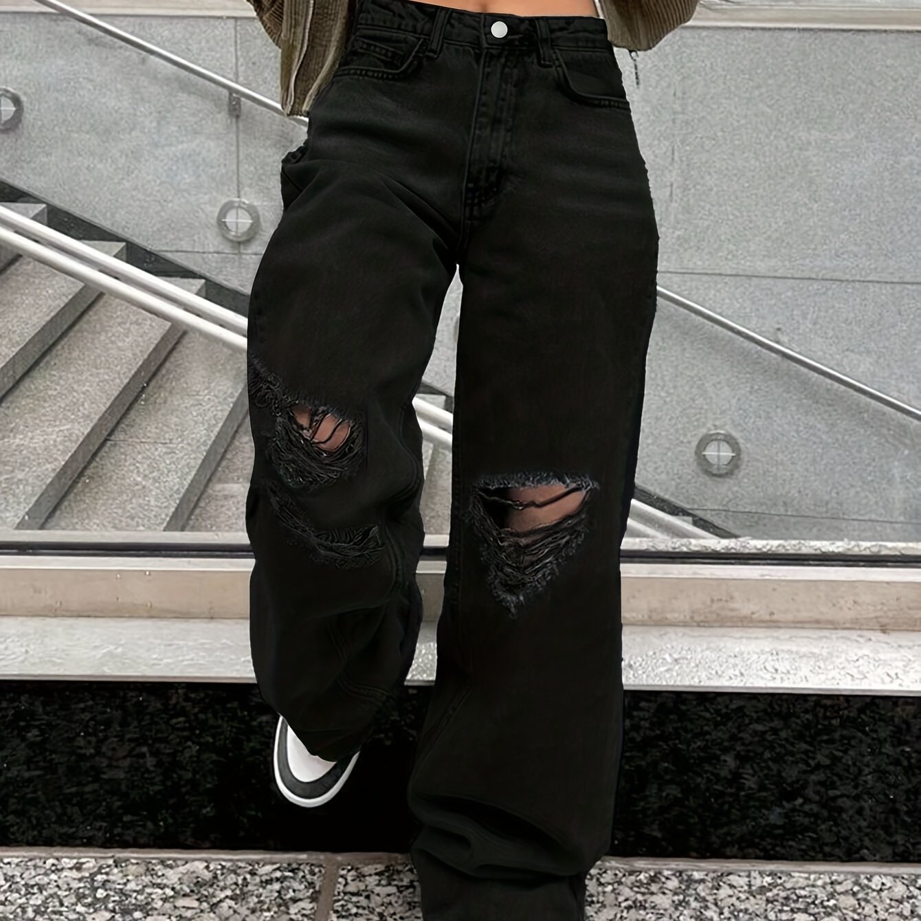 Image of /versatile/wide-leg Pants/street Fashion/black Ripped/high-street Floor-length Women's Denim Jeans