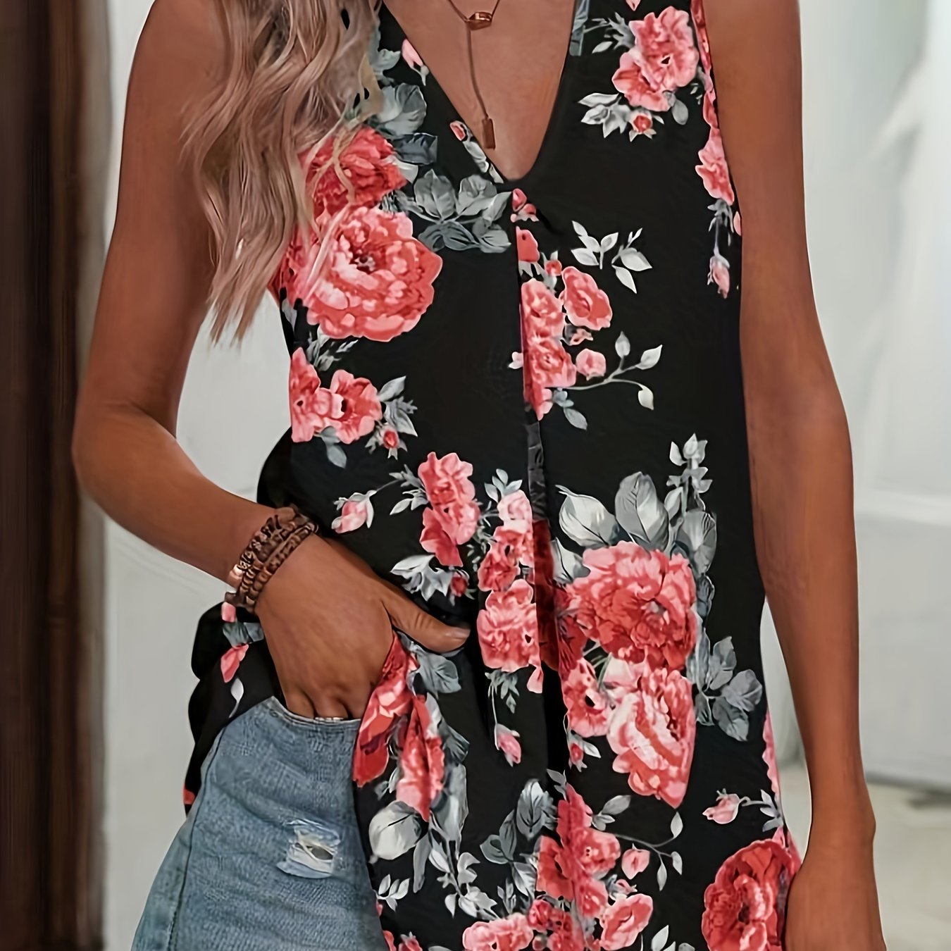 E-shop Blumenmuster V-Ausschnitt Bluse, lässiges ärmelloses Oberteil für Frühling & Sommer, Damenbekleidung