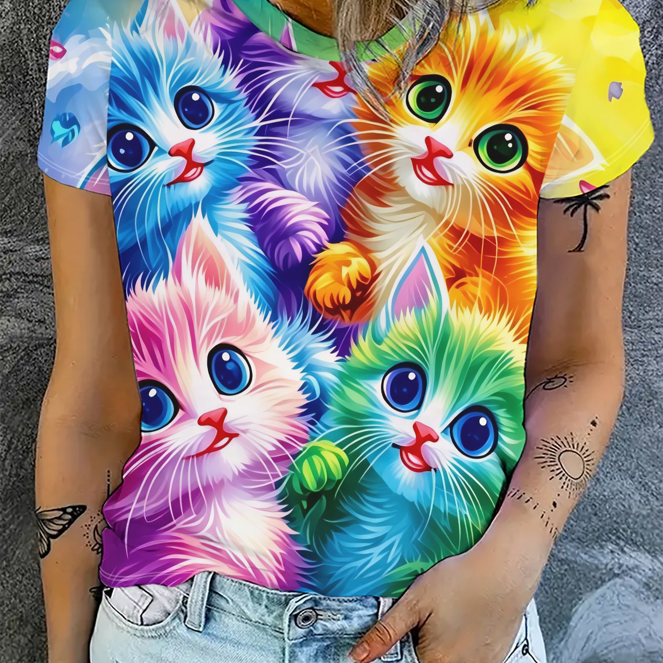 TEMU Printed Design - Not Textured] 2026 Summer New Women's Round Neck Short Sleeve T-shirt With Colorful Cats, Multiple Adorable Cats In Bright