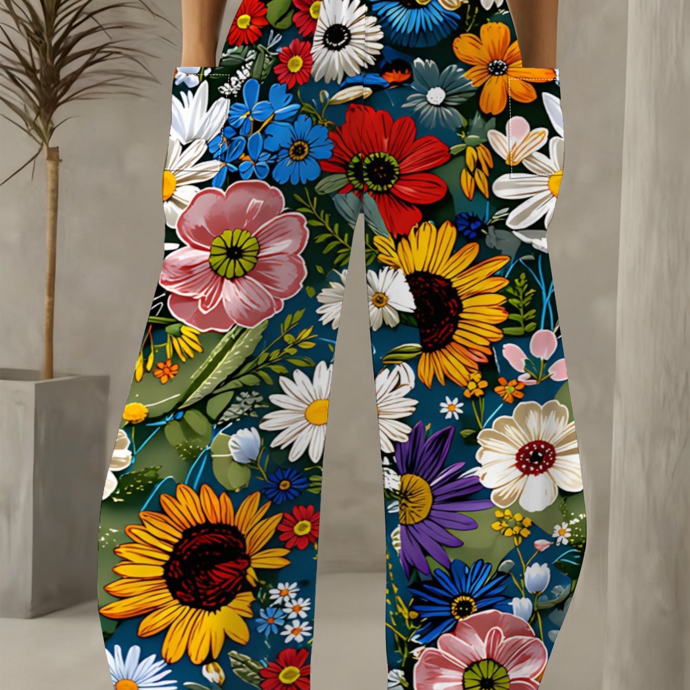 TEMU Women' Size Dark Green Sunflower Floral Print Wide-leg Pants, Loose& Slim-fit Casual Trousers With Large Side Pockets, Comfortable And