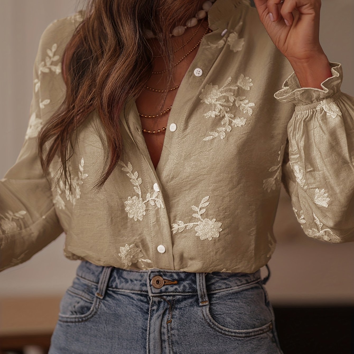 Women's Casual Floral Embroidered Long Sleeve Button- Shirt, Ruffle Trim Collar And Cuffs Design - Suitable For Multiple Occasions, Women's Casual Long Sleeve Shirt