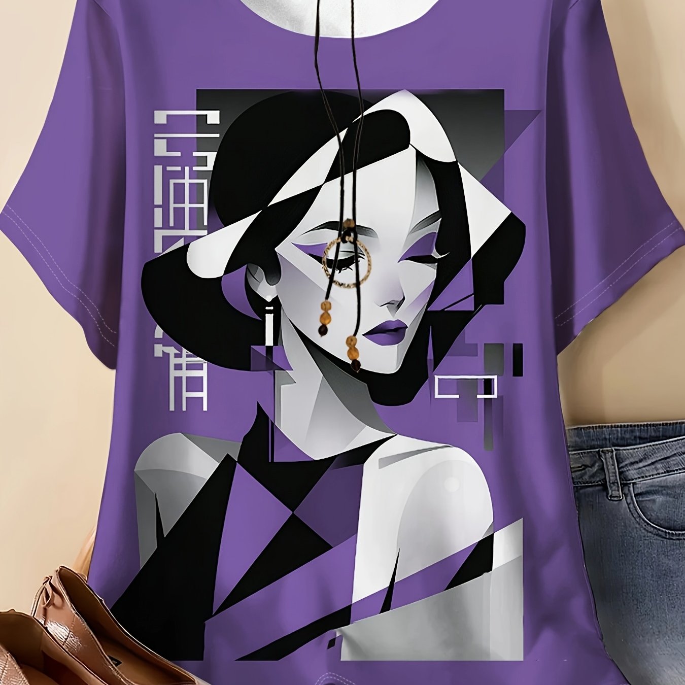 TEMU Plus Size - Plus Size - Women's Plus Size Casual Portrait Print T-shirt - Round Neck Short Sleeve Top, Featuring An Artistic Female , Breathable