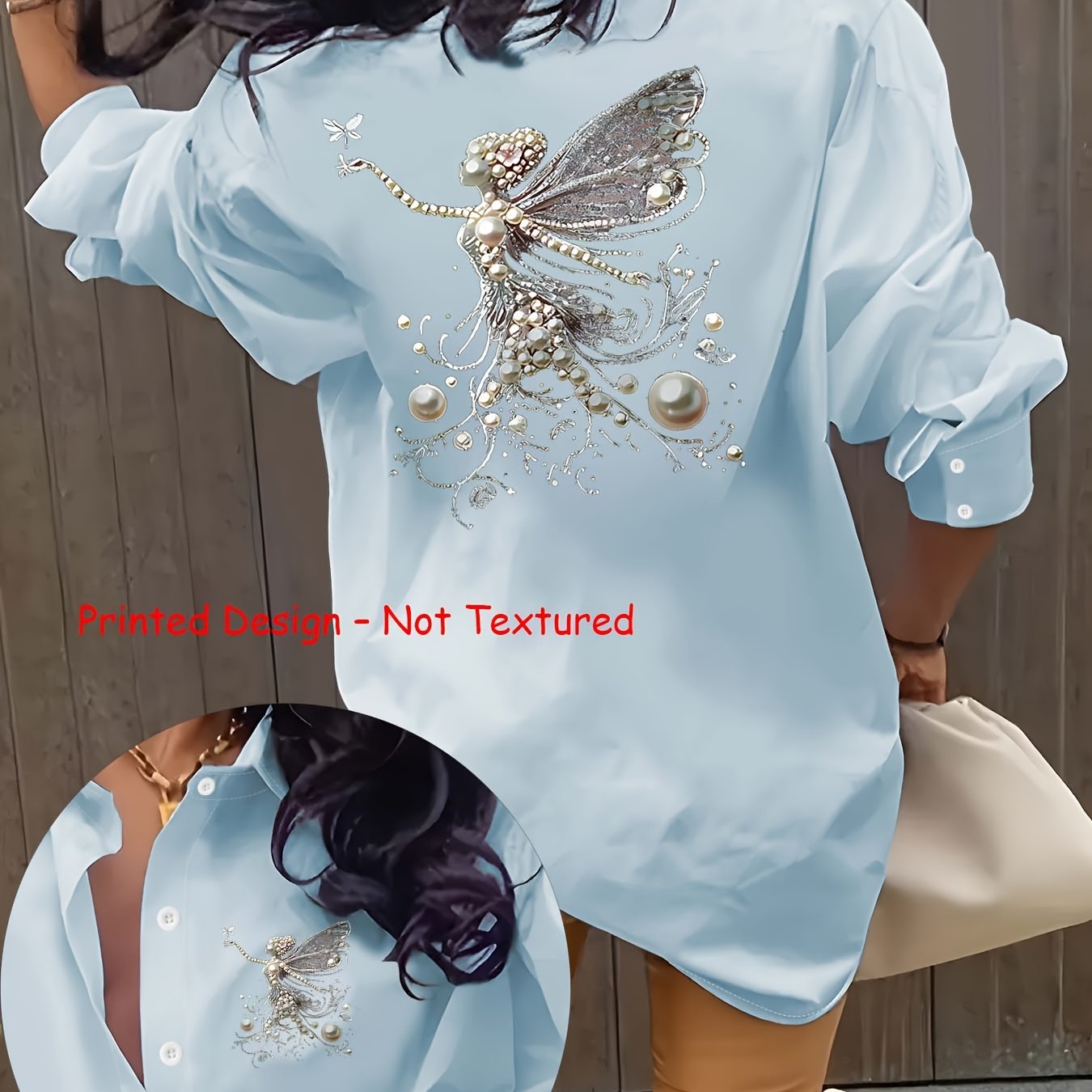 TEMU Women's Comfortable Simple Elegant Fashion Vintage Creative Pattern Print Collared Long Sleeve Shirt, 1pc Women's Wear, Beautiful Women's Shirt,