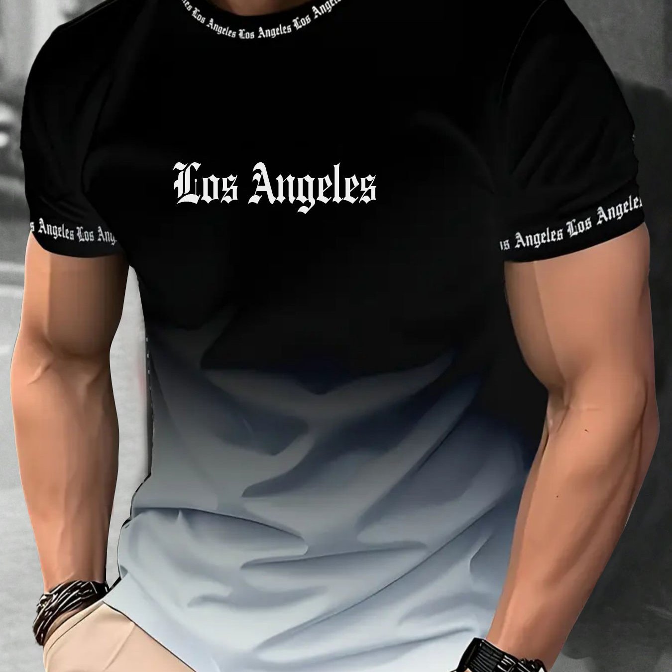 TEMU Men's Black Gradient Short-sleeve T-shirt With Los Angeles Letter Print - Casual Round Neck Summer Top, Breathable & Machine Washable, Versatile