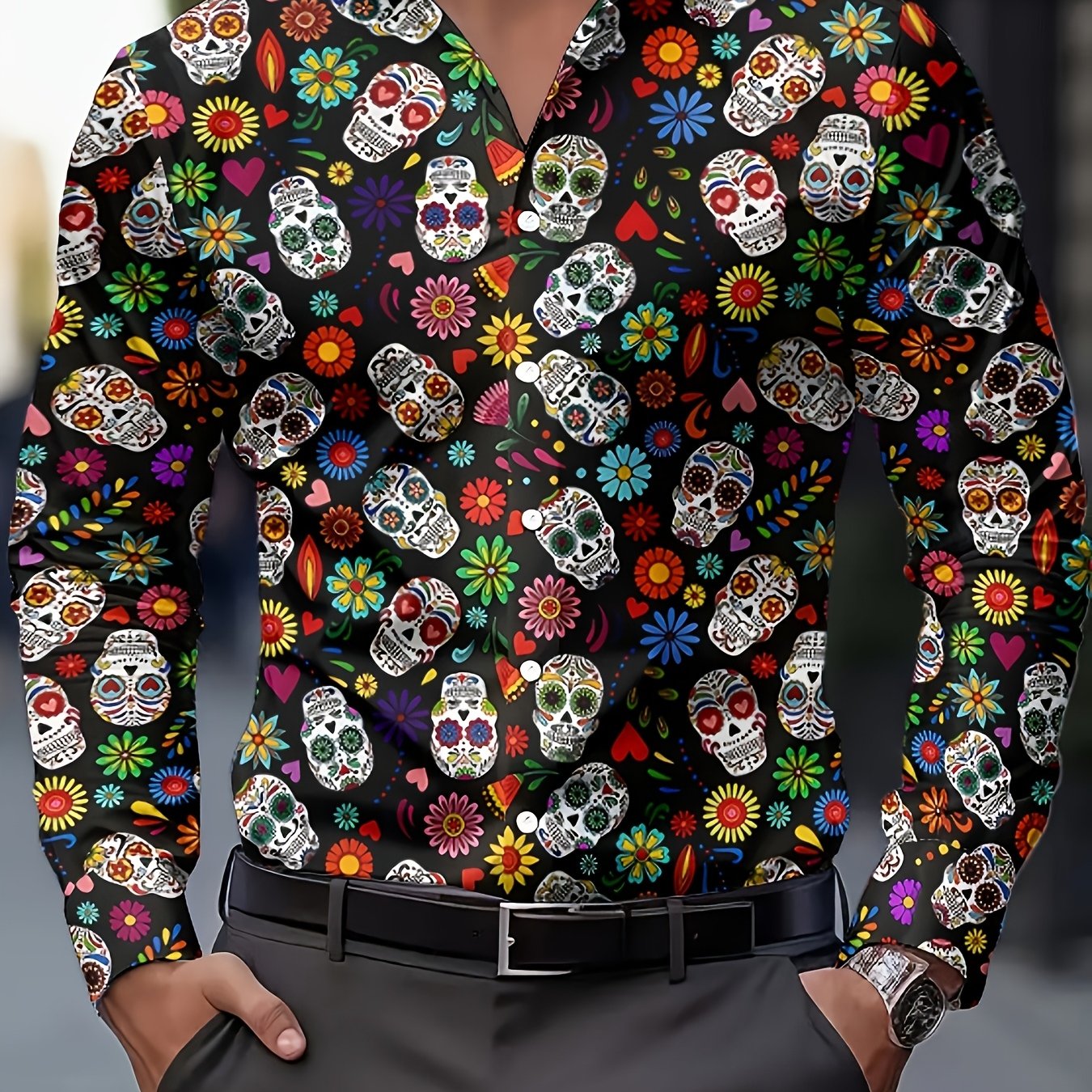 TEMU Men's Fashion Printed Shirt 70s Vintage Skull Flower Floral Print Men's Casual Button Long Sleeve Shirt, Spring, Summer And Autumn Ethnic Style
