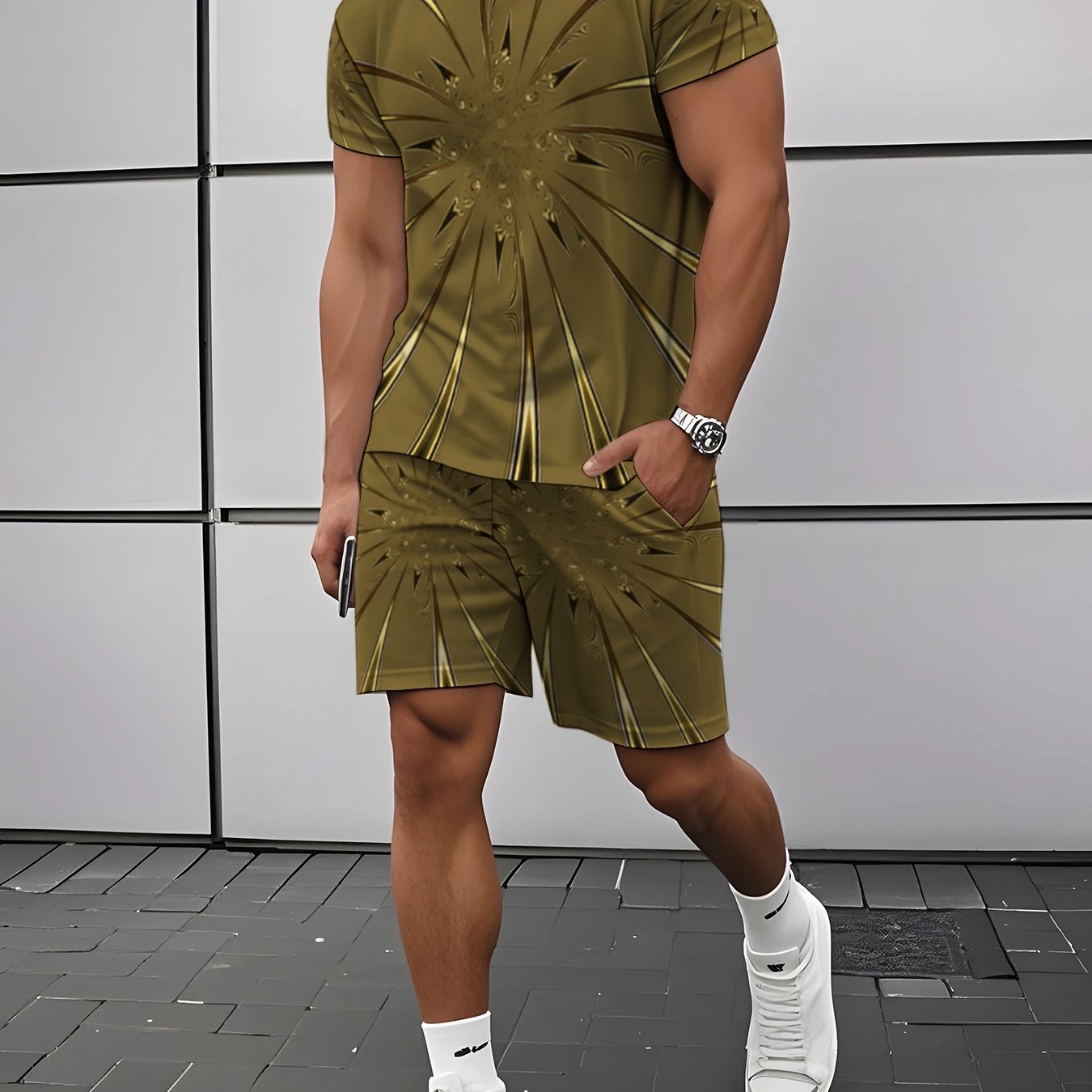 TEMU Fashion Geometric Print Short Sleeve And Shorts Set, Men's Trendy Casual Two-piece Suit, Summer Comfortable Breathable Outfit