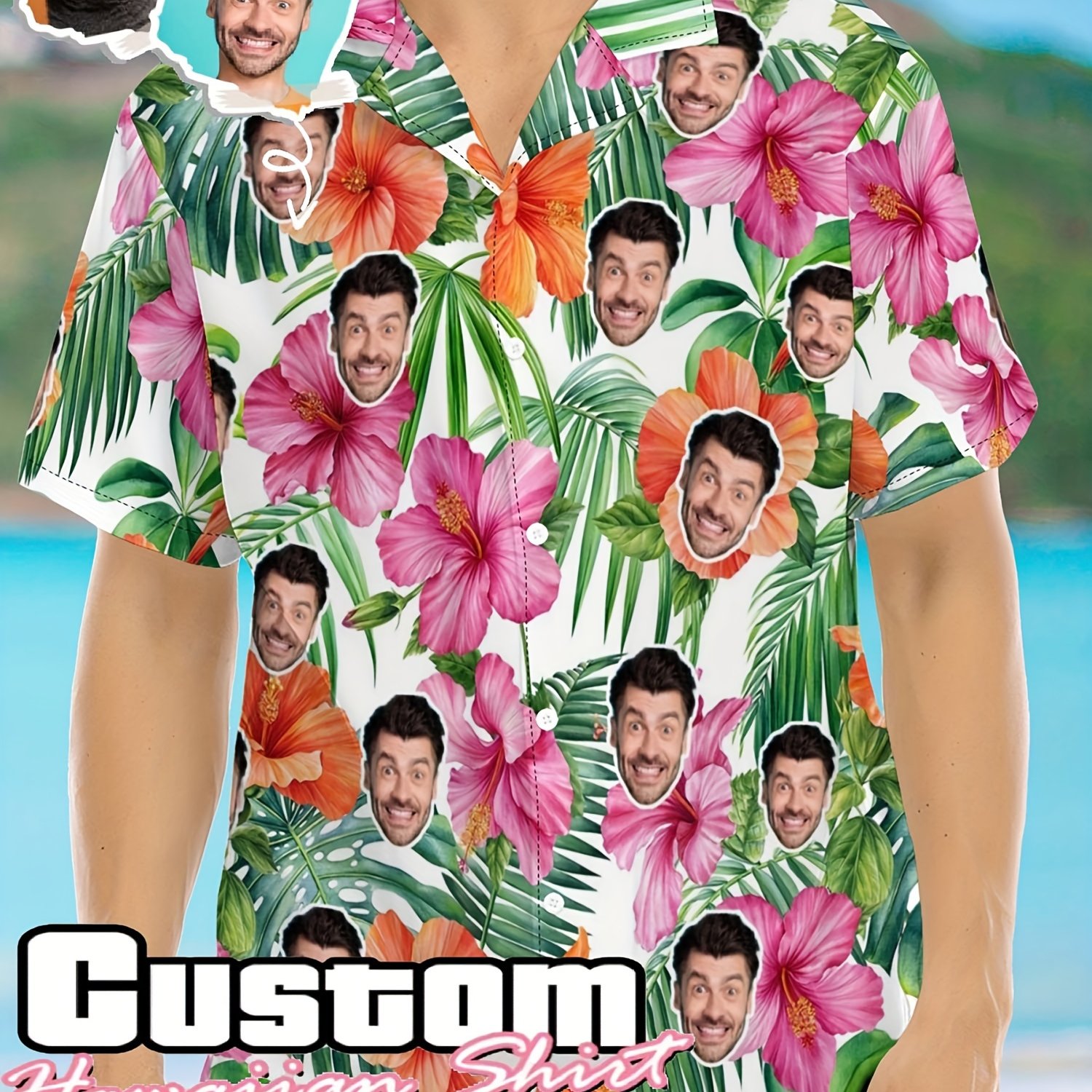 TEMU Custom Personalized Photo Hawaiian Shirt | Face Holiday Tropical Pattern, Casual Lapel Collar, Stretch Fabric, Button Details, Regular Fit For