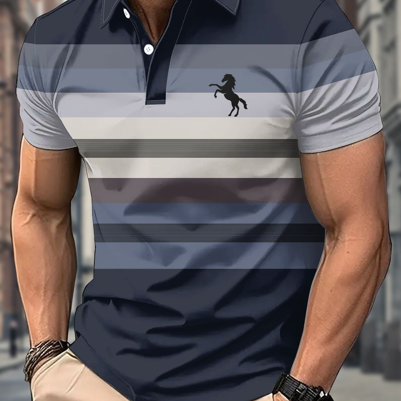 TEMU Men's Short-sleeve Shirt With A Casual 3d Print Design Featuring A Horse Pattern In Navy Blue And Light , Summer Sports, Plus Size