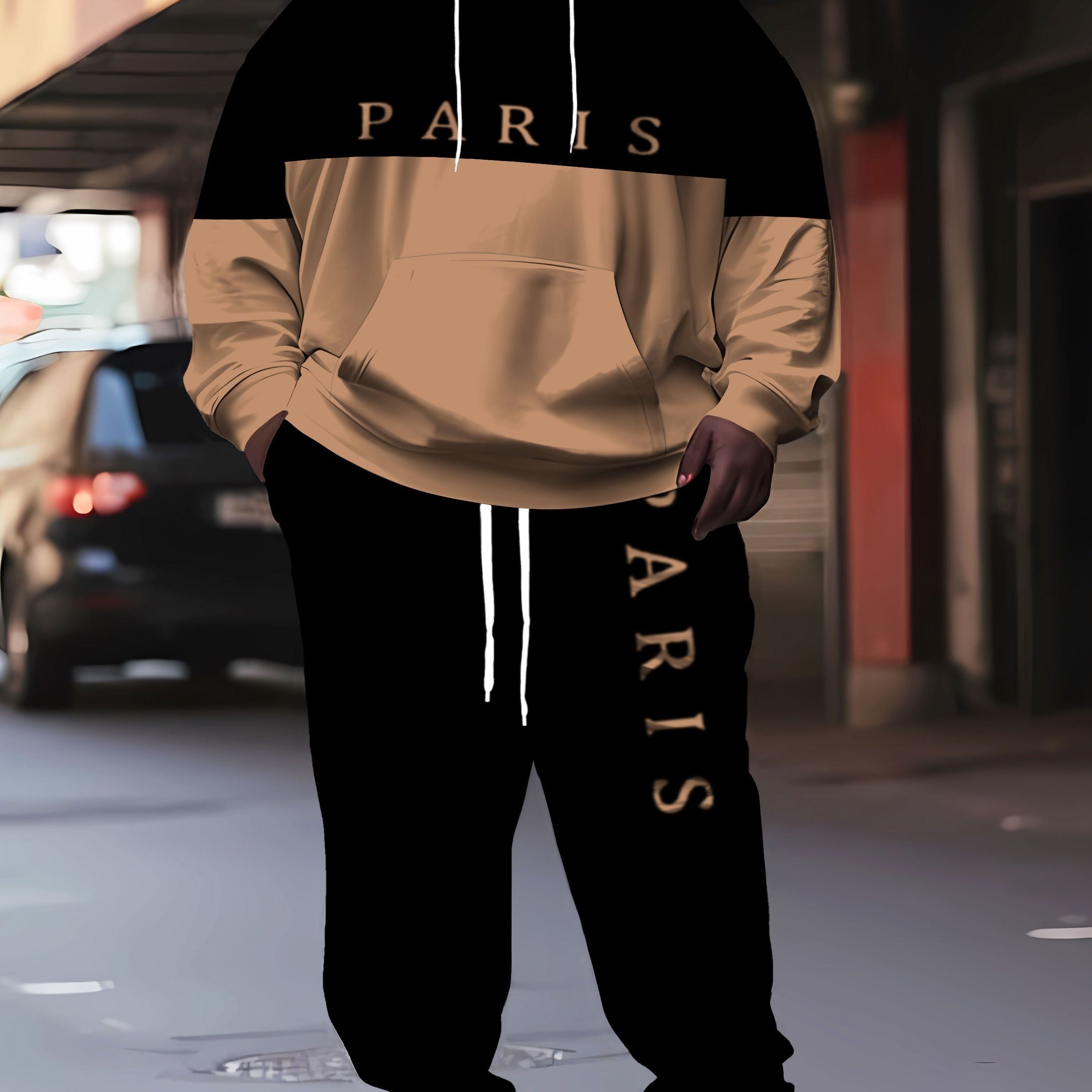 Image of Plus Size 2pcs Men's 'paris' Letter And Color Block Print Hooded Long-sleeve Sweatshirt And Pants Set, Casual Outfit For Spring, Autumn, And Winter, Machine Washable, Plus Size Set, Plus Size