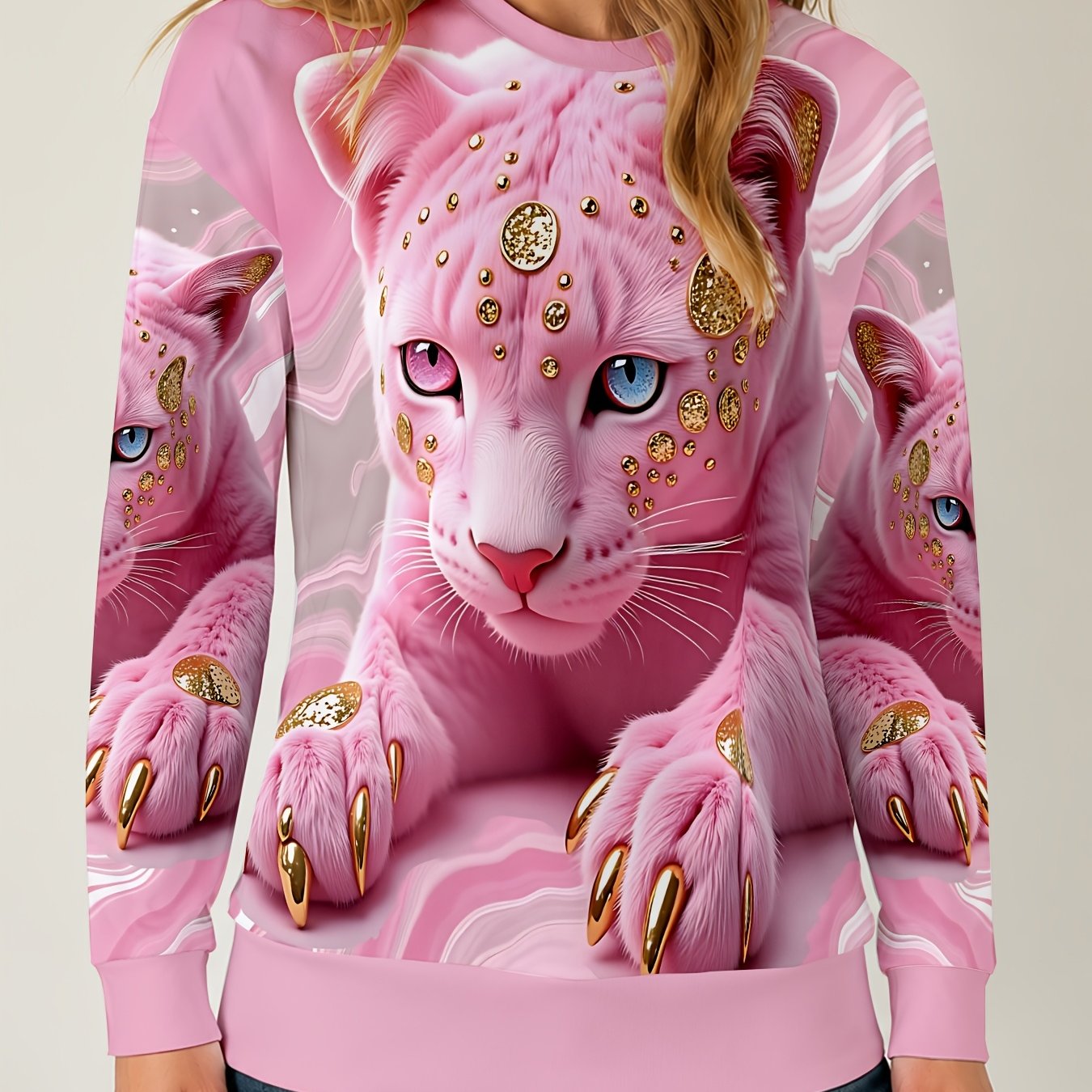 TEMU Pink Leopard With Golden Jewelry Pattern Size Label Women's Long Sleeve Round Neck Sweatshirt, Western Style Hoodless Sweatshirt, Long Sleeve