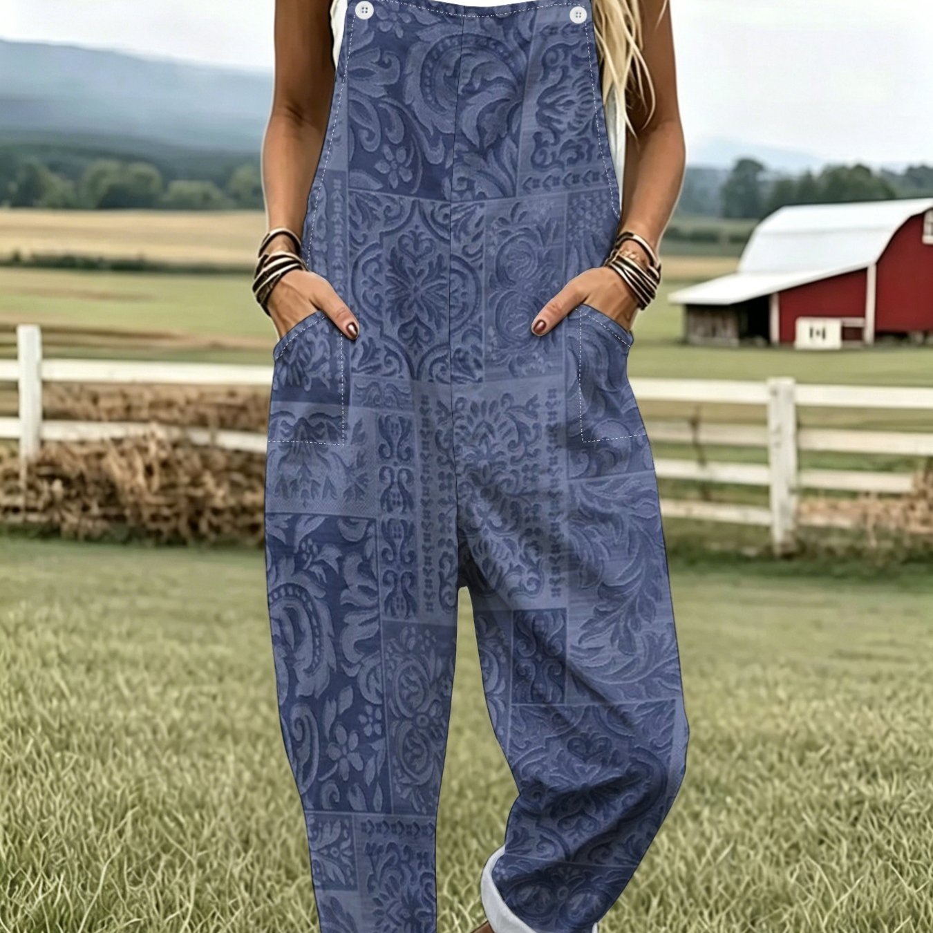 TEMU Women's Navy Blue European Style Vintage Scroll Floral Print Overalls Loose Multi-pocket Utility Jumpsuit Vintage Pastoral Casual Straight-leg