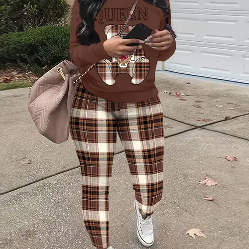 womens casual round neck long sleeves queen letter bear print sweatshirt and skinny pants set and winter