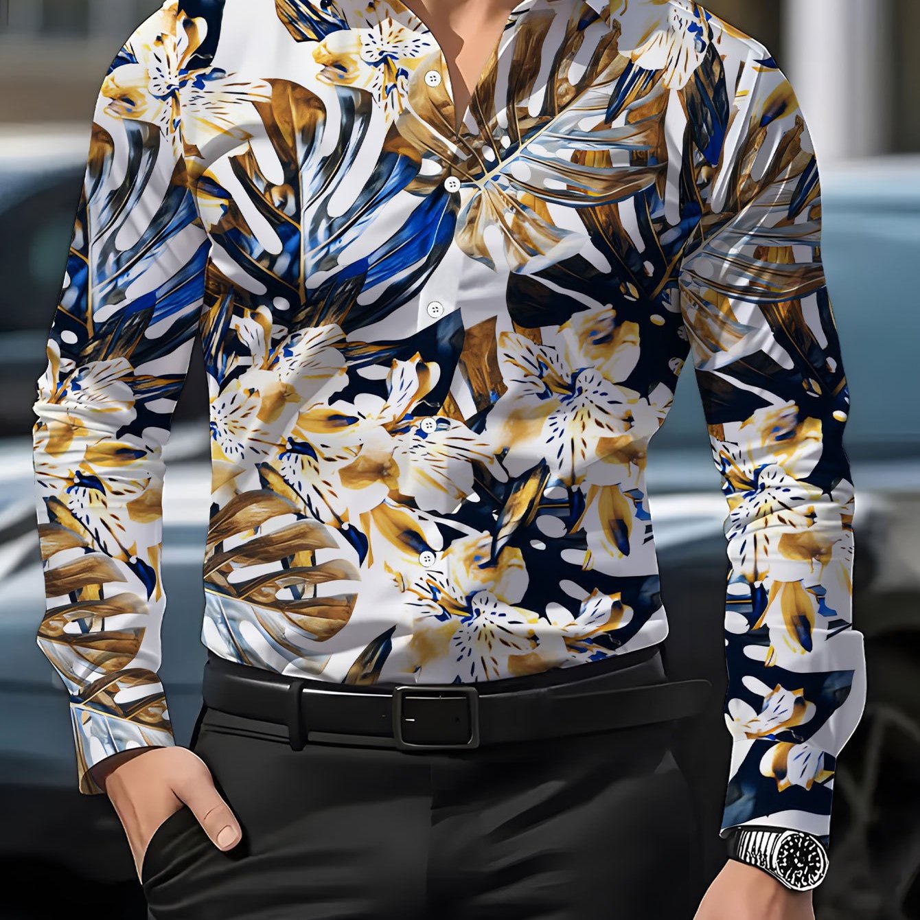 TEMU Men's Casual Shirt, Plus Size Long Sleeve Shirt With Digital Floral And Leaf Print, Stylish And Elegant Apparel / Printed / / Men's / Graffiti /