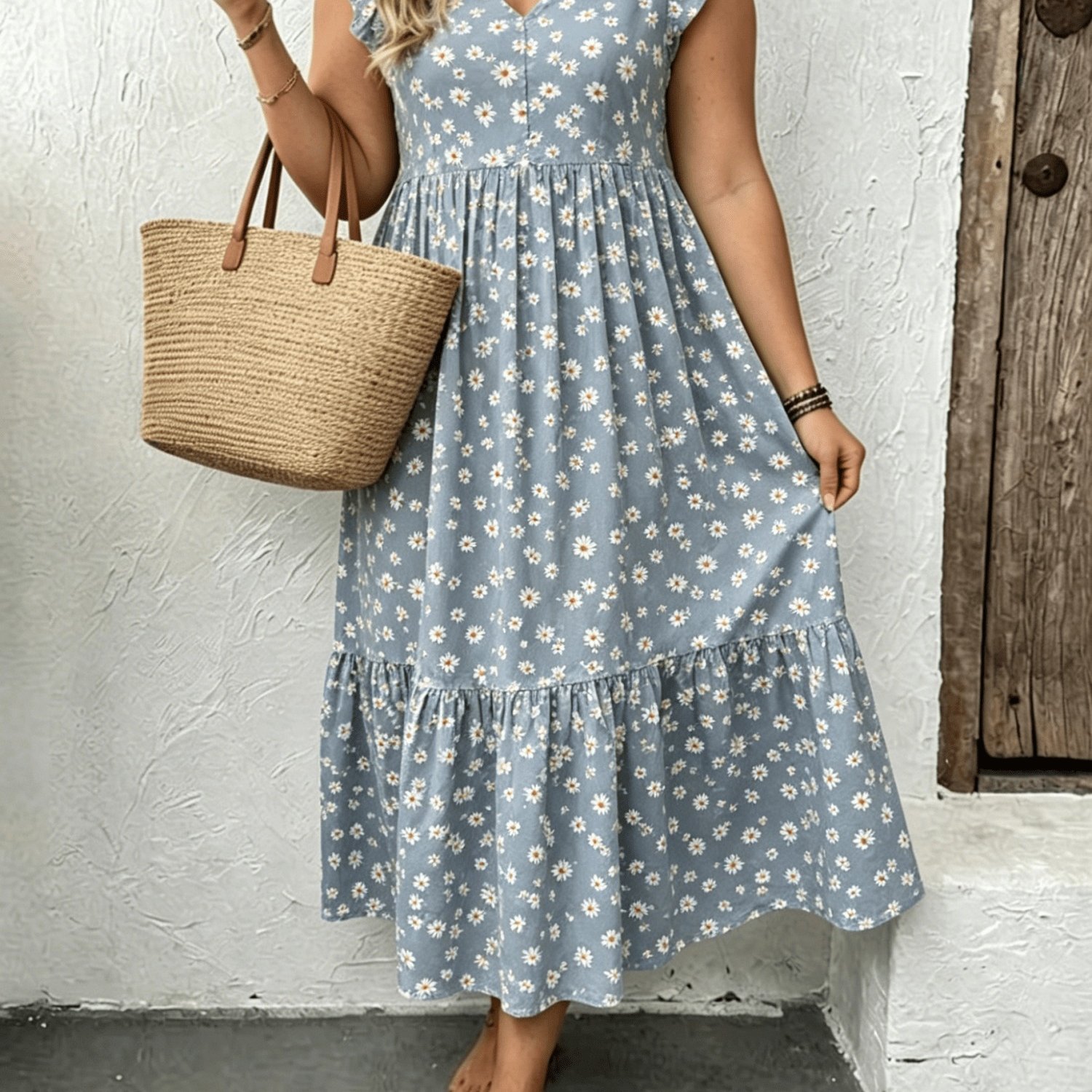Plus Size Women's Sleeveless V-neck A-line Midi Dress With Cap Sleeves, Light Blue Daisy Boho Beach Dress