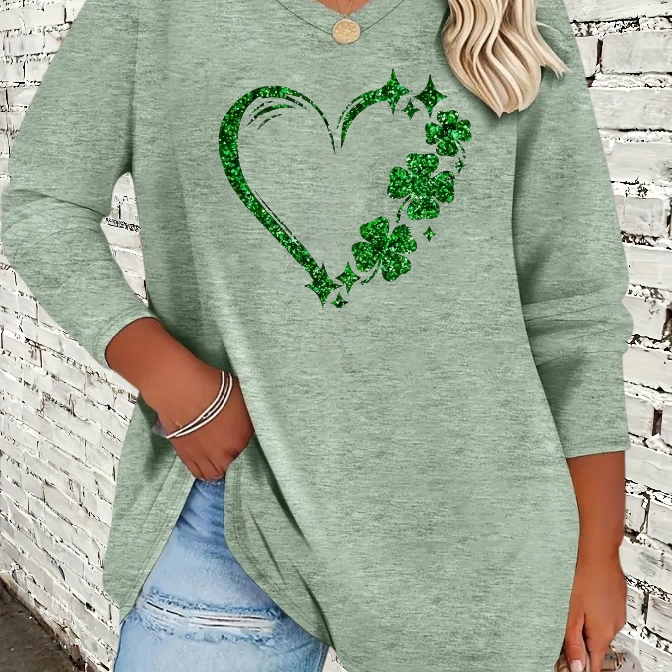 TEMU New Autumn/ Plus Size Women's Casual Print V-neck Loose Long Sleeve T-shirt, Elegant Women's Wear. Suitable For Home, Outdoor, Travel, And . 1