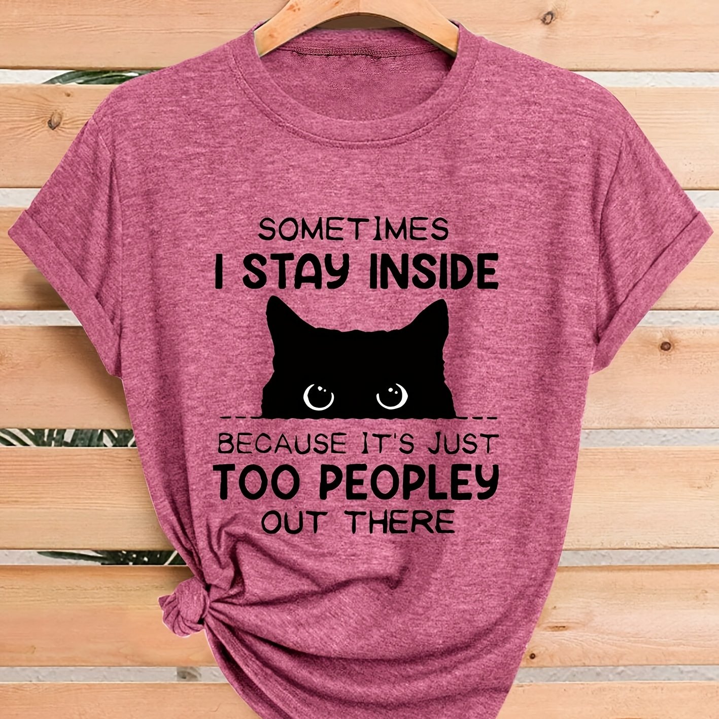 TEMU Fashion Retro Style Women's Casual Sports T-shirt With Cartoon Cat Print | Crew Neck, Short Sleeve, Medium Stretch Fabric, In Multiple Colors