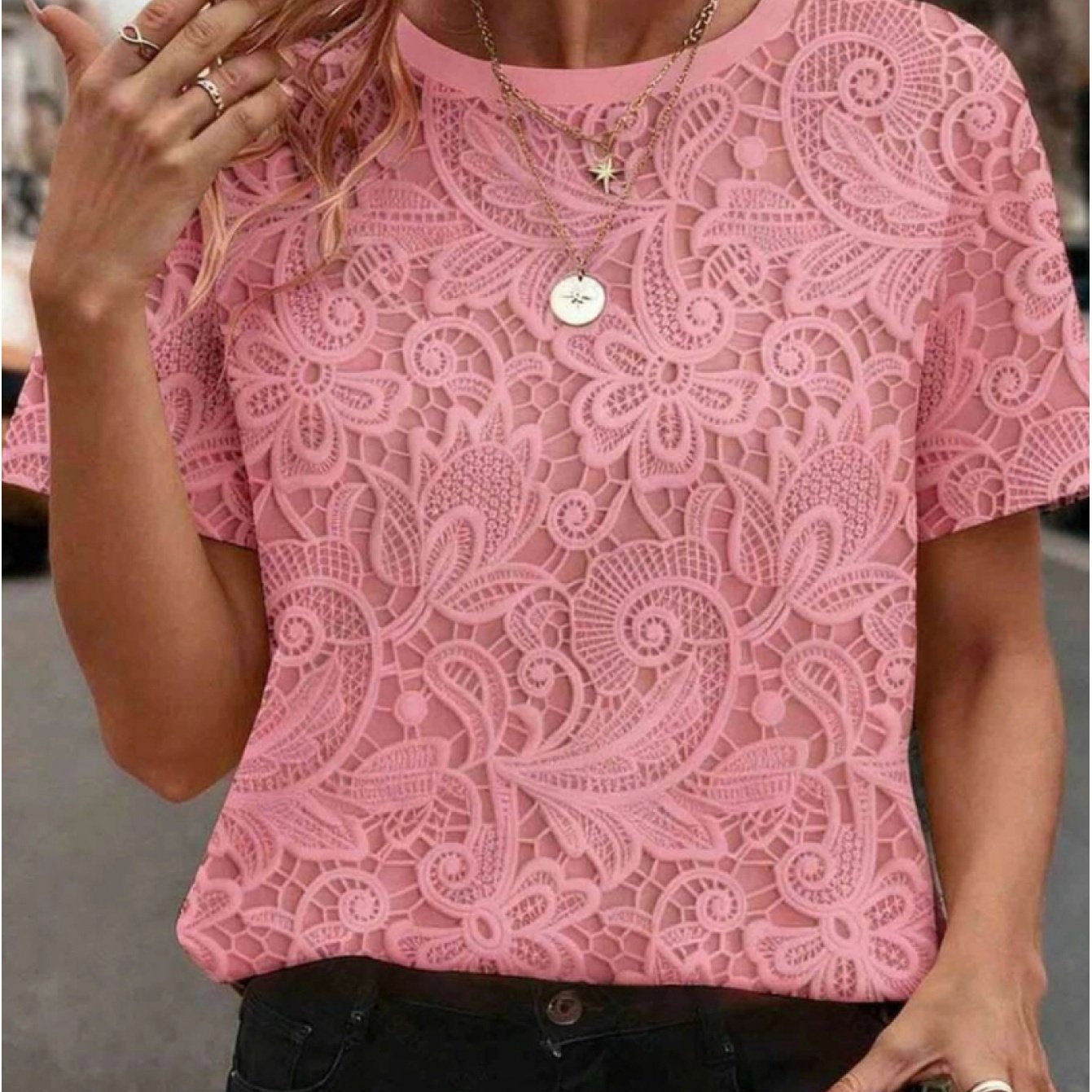 TEMU Back-to- Season Printed Design - Not Textured] 2026 Summer New Arrival Women's T-shirt, , , Floral Faux Lace Print Design, Daily Casual Top,