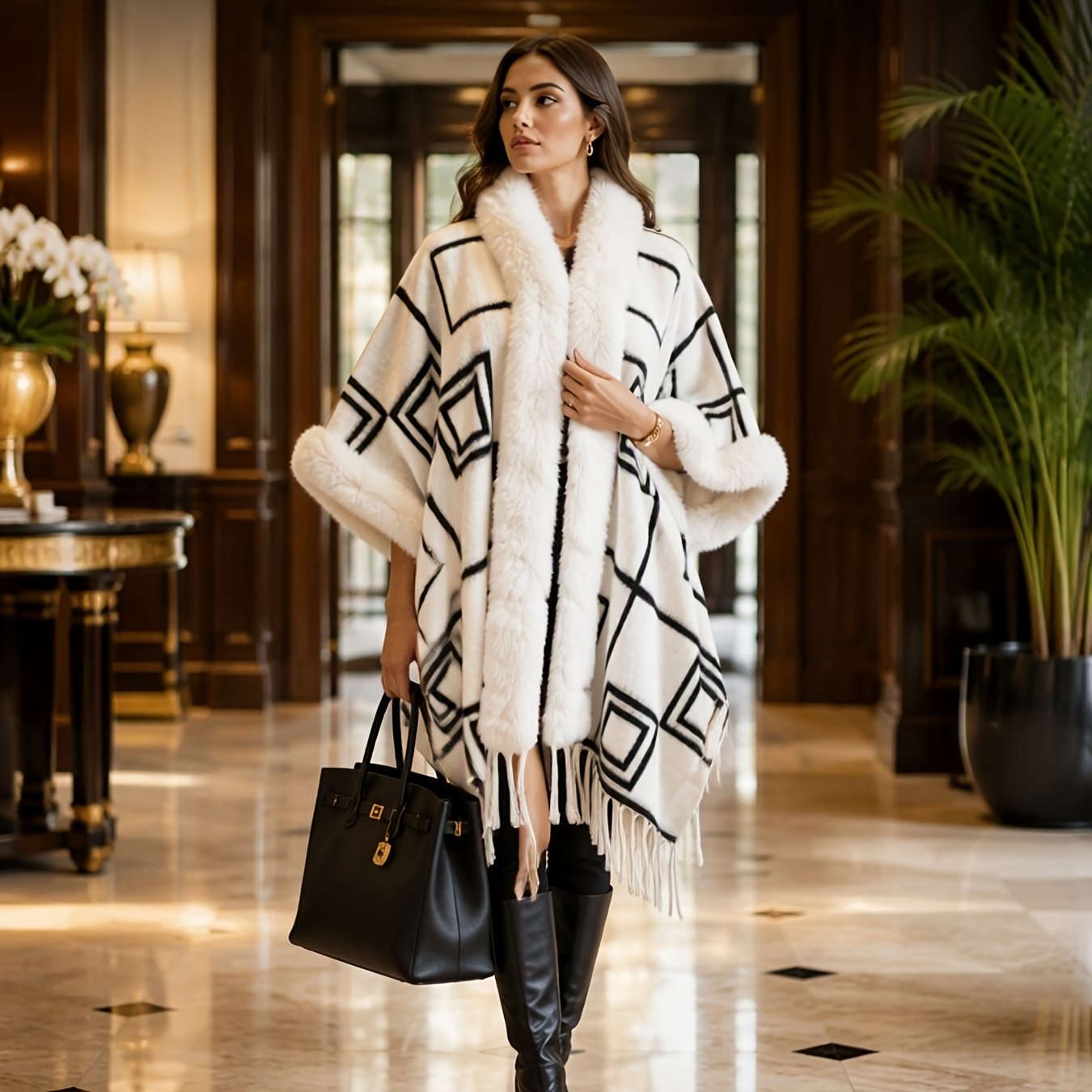 Image of Women' Boho Poncho Cape Shawl Wrap With Fringe Trim & Geometric Poncho Suitable For Christmas, Weddings, Travel, Machine Washable Winter Layering Accessory For Parties, Thanksgiving, Everyday Outfits