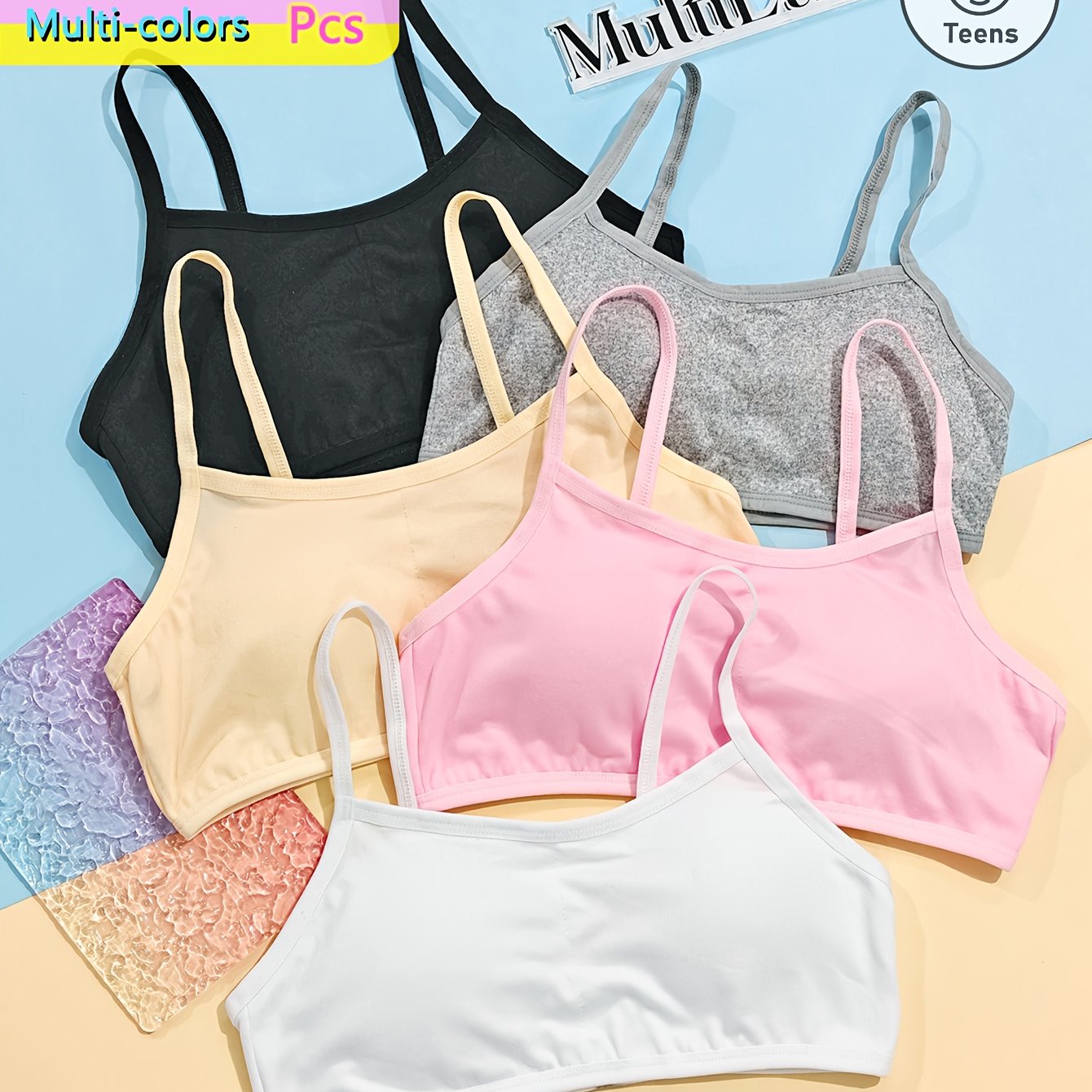 E-shop 5-teiliges Set Mädchenunterwäsche, Verschiedene Stile, Einfarbige Macaron-Farben, Bequeme Stretch-Träger, Atmungsaktive Herausnehmbare Einlagen,