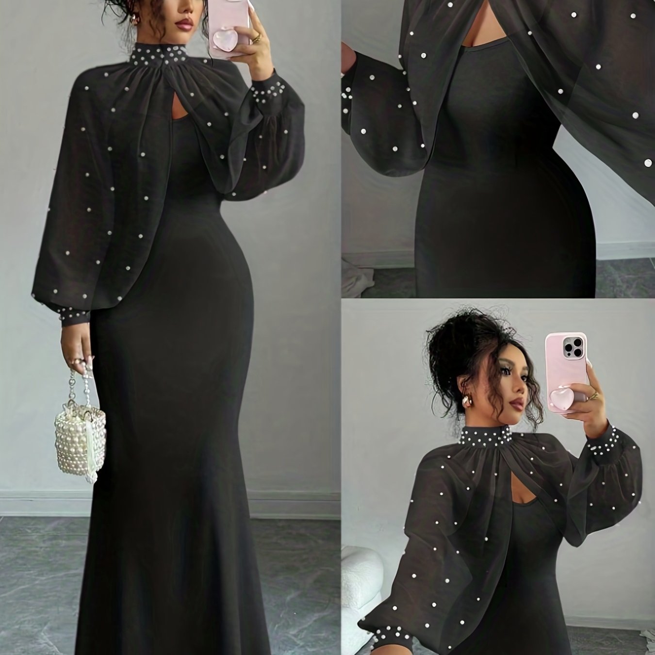 TEMU Wy251221079 Elenzga New Elegant And Sophisticated Evening Gown, And Gentle, , Hand-beaded Long-sleeve Top, Mermaid Fit Slip Dress Set, Women's