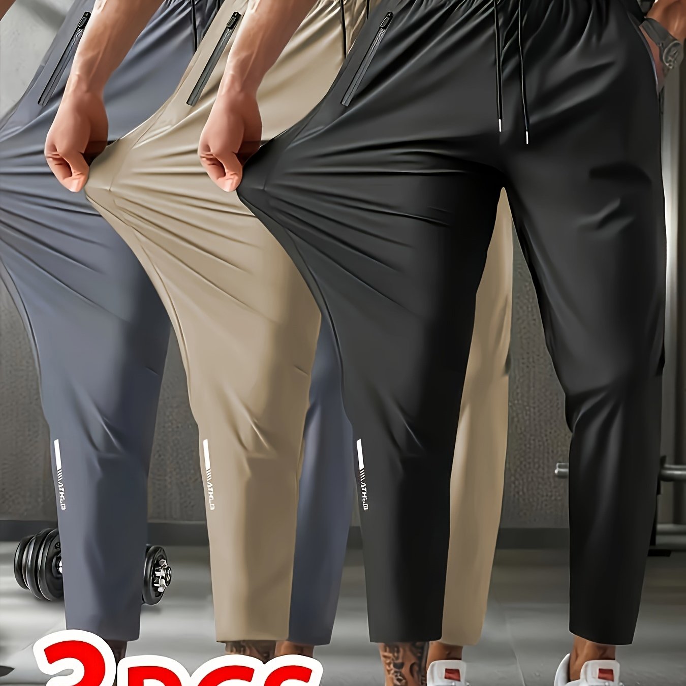 E-shop 3er-Pack Hosen aus seidigem Faserstoff in Schwarz, Grau, Khaki Mehrfarbig für Sport, Training, Laufen, Fitness Outdoor-Bergsteigen