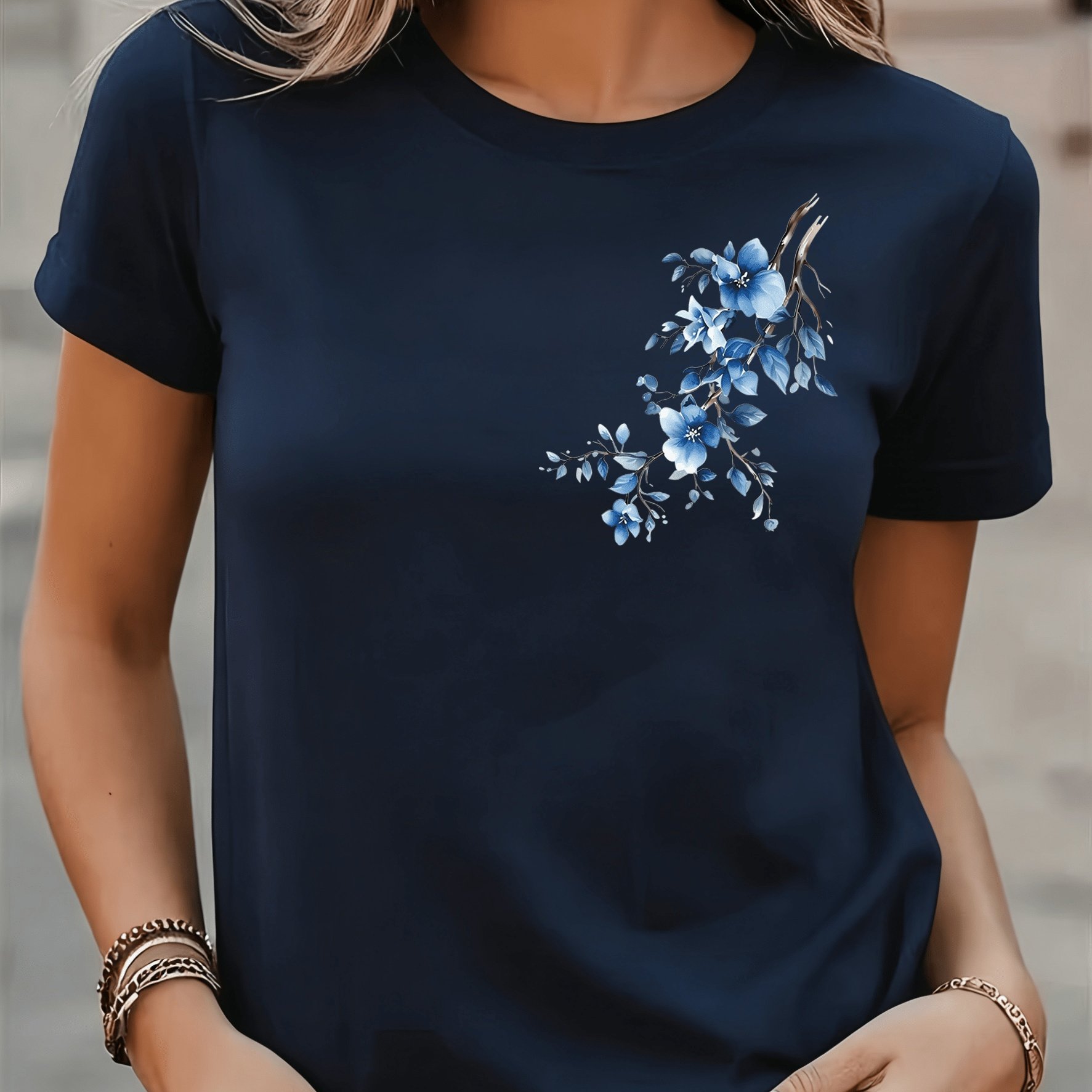 TEMU Women's French Fresh Golden Floral Branch Round Neck Short Sleeve Top, Light Summer Casual Printed Blouse