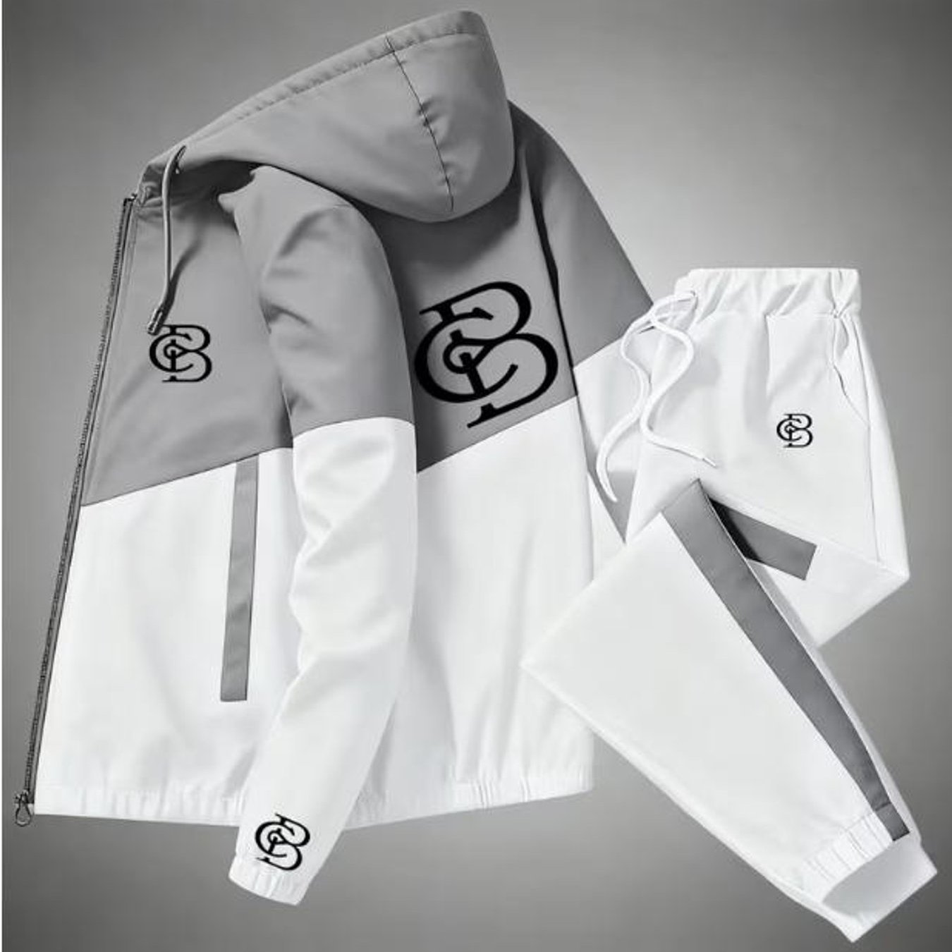 Image of Men's Fashion Casual Tracksuit Color Block Hooded Jacket And Pants Set With Monogram Style Sportswear For Adults Men Fall Winter Daily Wear Holiday Gift