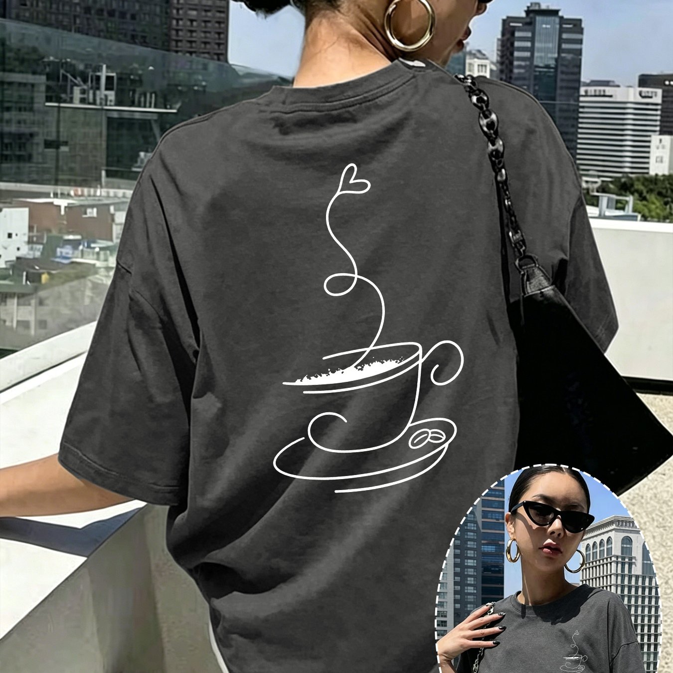 TEMU Front And Back Printed Short-sleeve T-shirt Featuring A Coffee Cup And Pattern, Women'-piece Trendy Casual Top, Short-sleeve Crewneck Casual Top