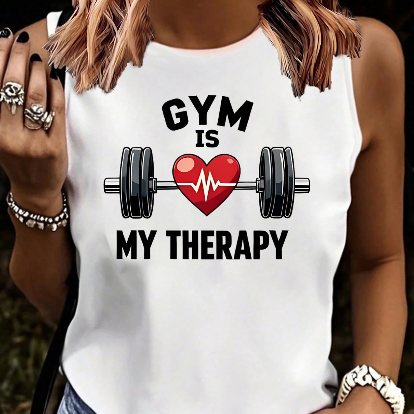 TEMU Camiseta de tirantes de cuello para mujer, 1 pieza, minimalista sin con diseño de y barra de pesas, estampada con el texto "GYM IS ", adecuada