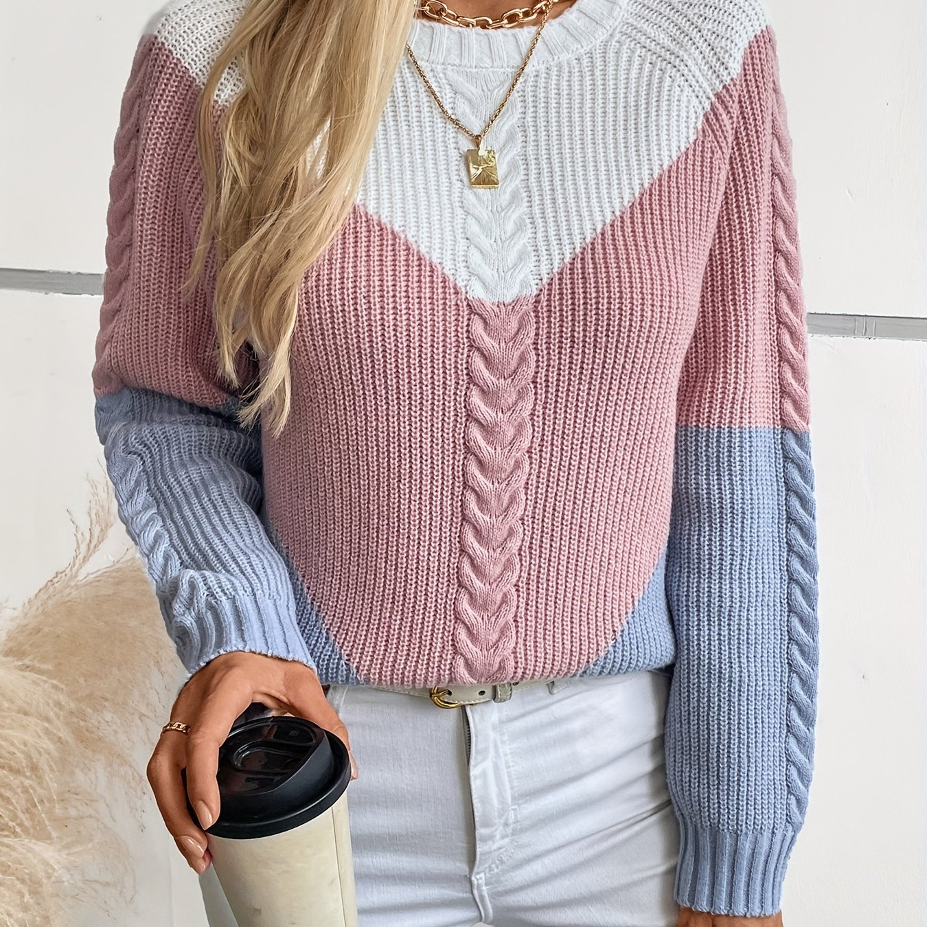 Contrast-color Round-neck Pullover Women's Fashion Sweater Top