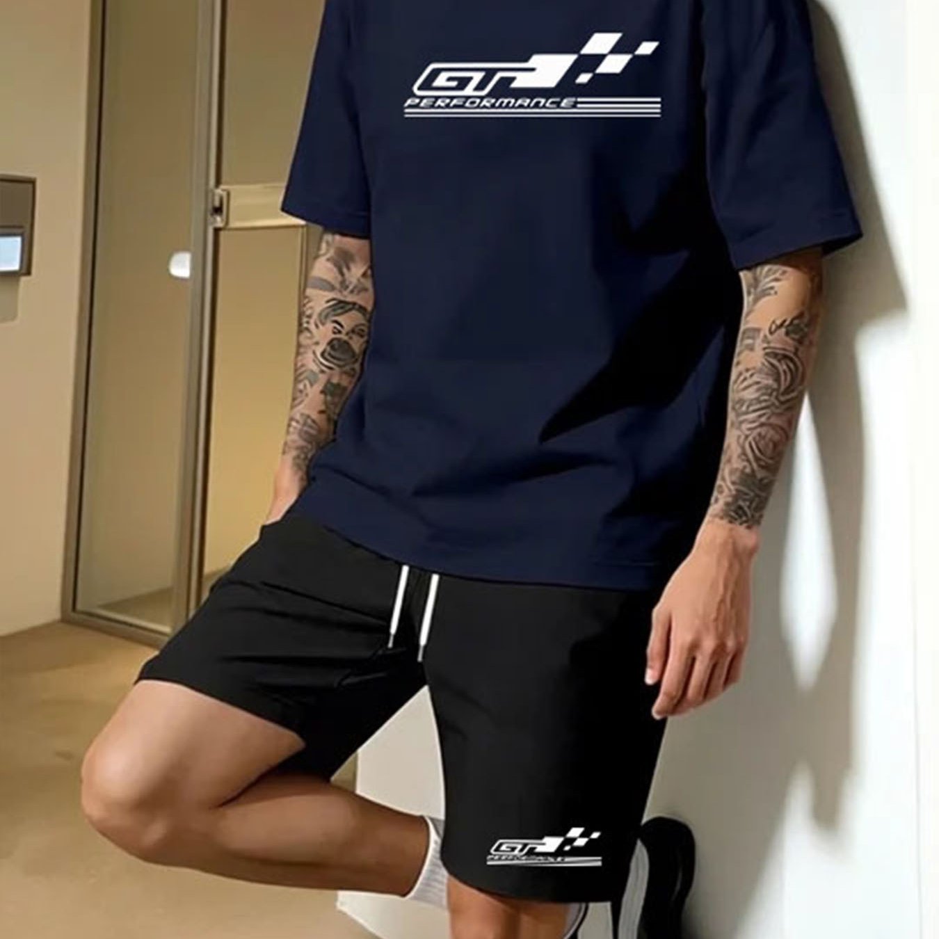 TEMU 2026 New Summer Men's Trendy Short Sleeve And Shorts Set, Knit Fabric, Stretch, Trendy Casual Athletic All-match Outfit, Suitable For Outdoor