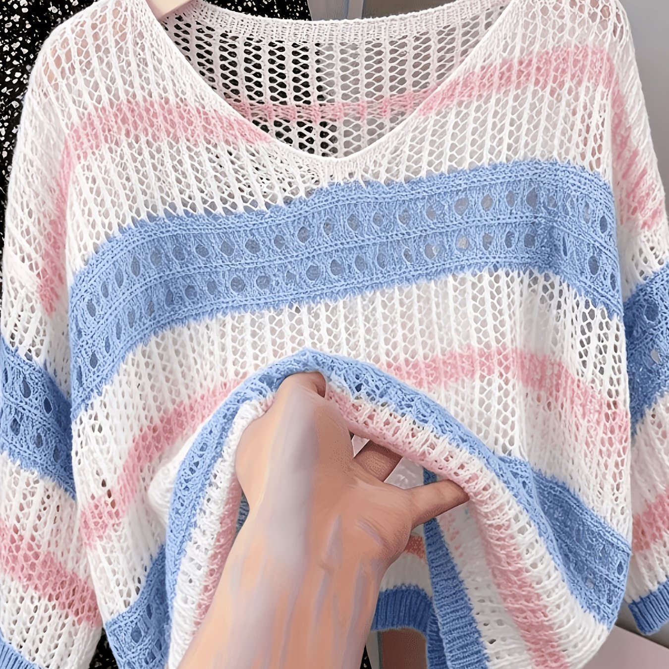 TEMU Striped Hollow Out V-neck Top For Women, Casual Loose Fit, Lightweight Breathable Cover Up For Summer, Versatile Layering Piece For Spring And