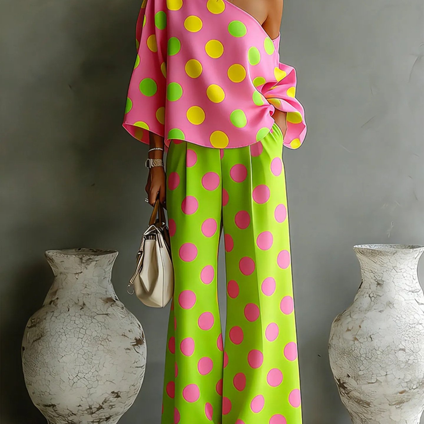 Image of Women's Contrast Color Polka Dot Diagonal Blouse, Wide-leg Pants Suit, European And Strapless Loose Casual Two-piece Suit