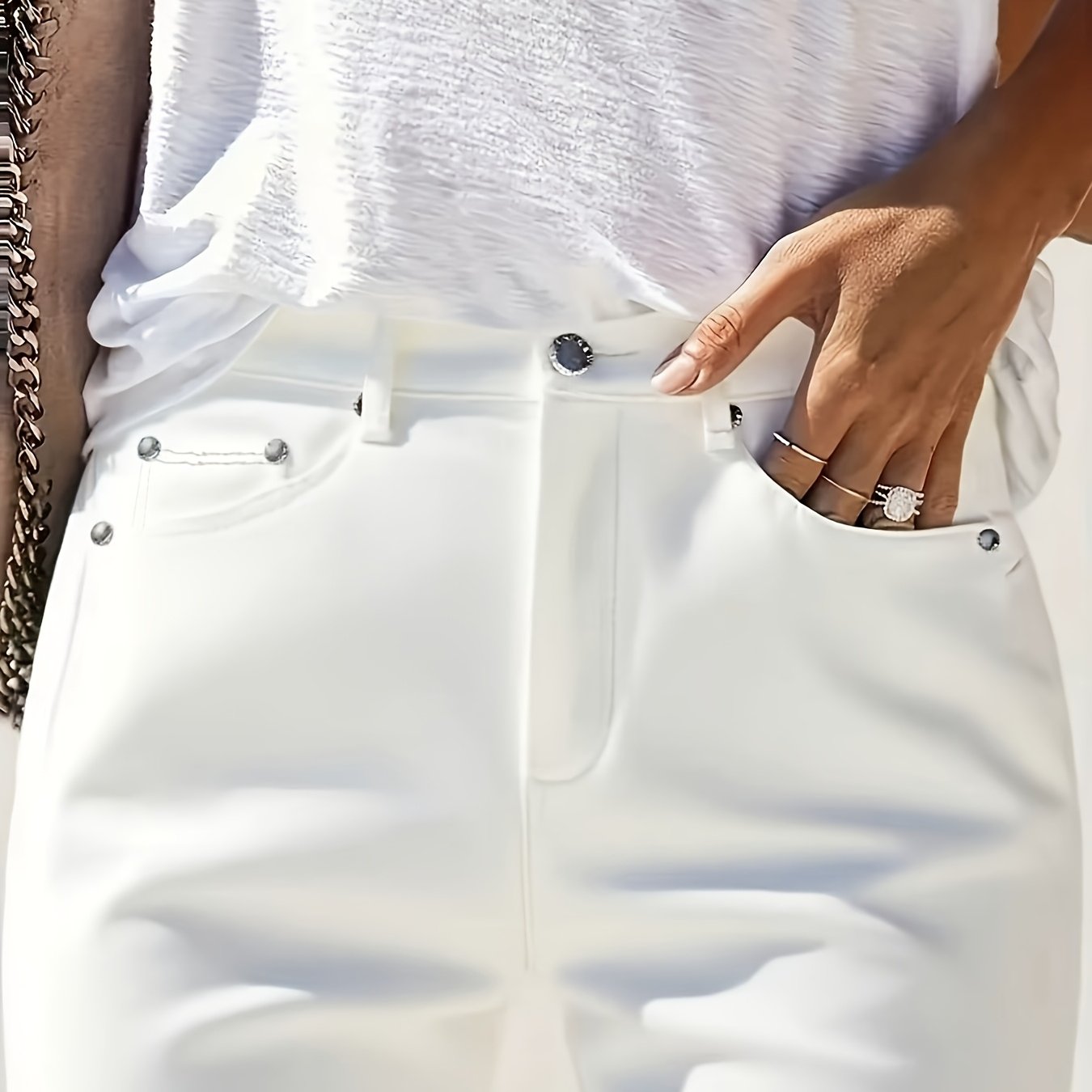 Image of Women' Stretch Slim-fit Jeans With Rivet Detailing, Casual Everyday Pants, Classic White Denim For , Perfect For Office, Vacation, Shopping-ideal For Stylish Moms