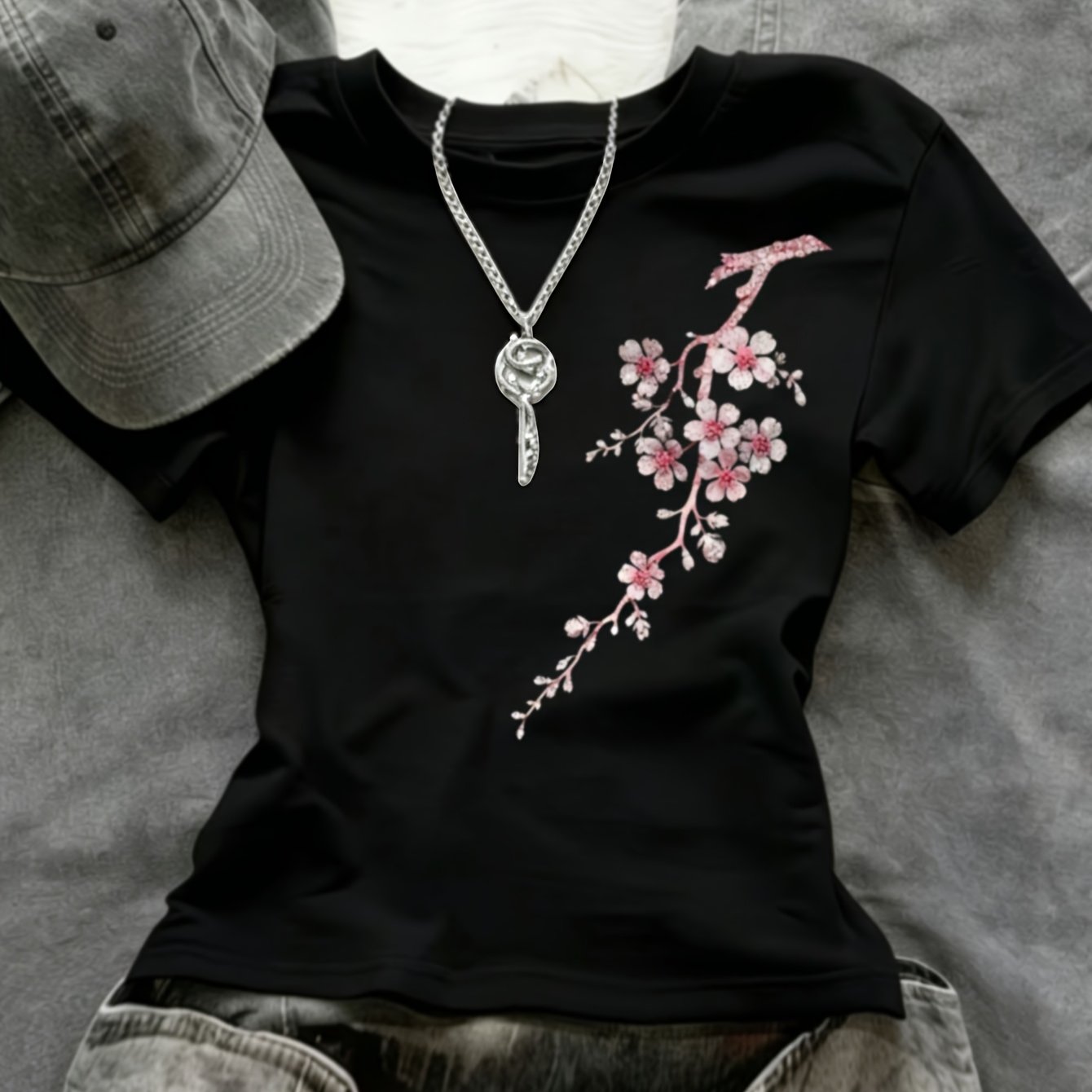 TEMU Gentle Women's Tight T-shirt Cherry Branch Print Pattern Women's Short T-shirt Short Sleeve Gentle Chinese Style Daily Date Wear Niche All-match