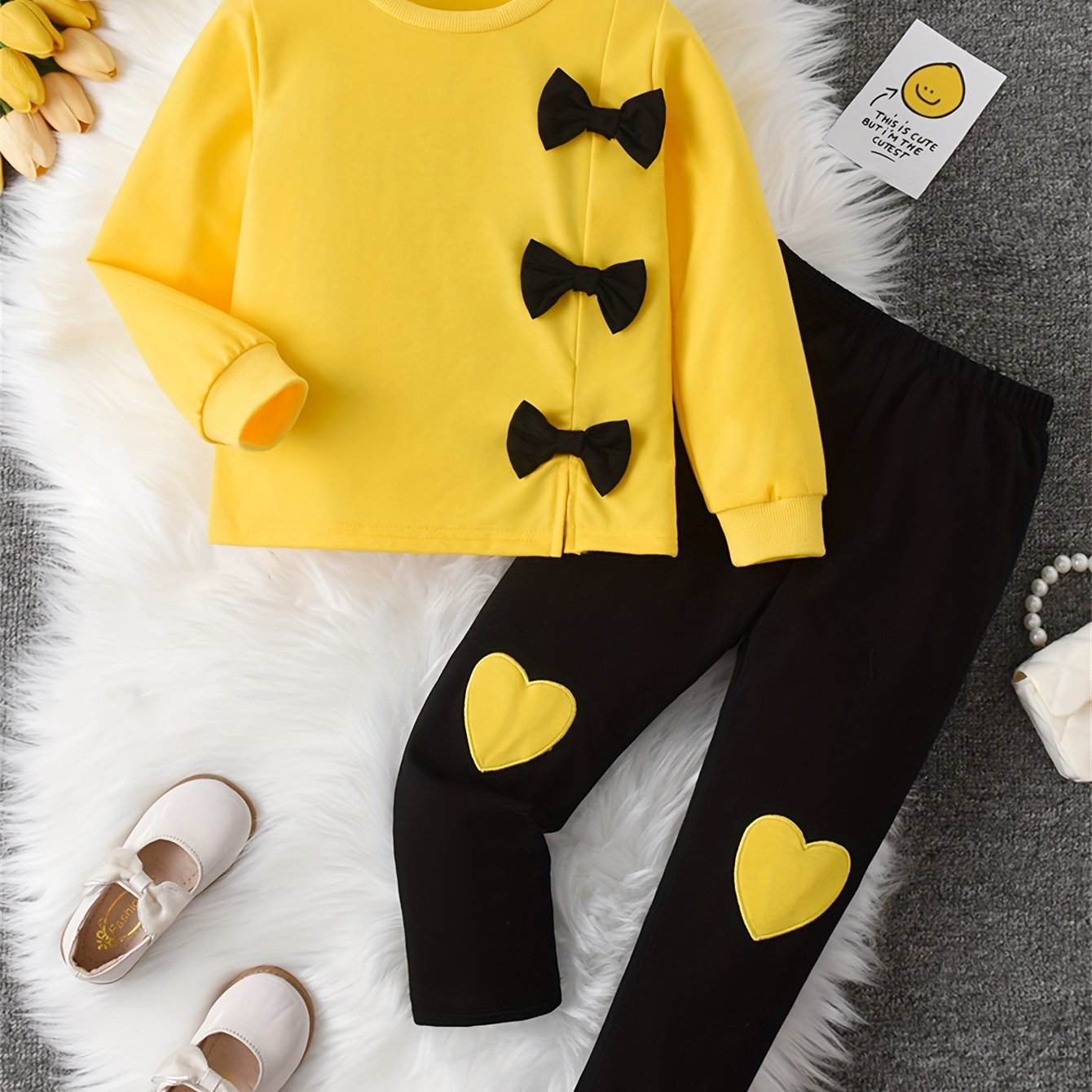 Image of Girls' Round Neck Sweatshirt With Long Sleeves And Bow Detail, Heart Pants Set, Perfect For Outdoor