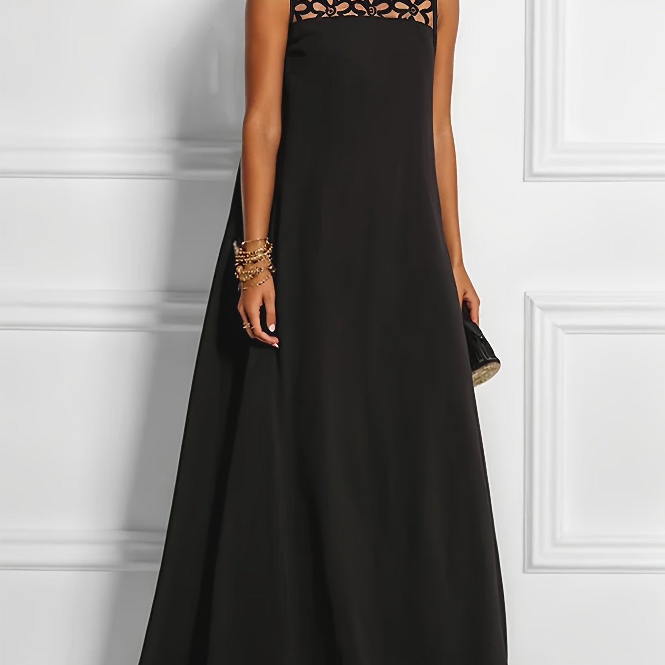 E-shop Plus Size - Plus Size - Plus Size Damenkleid, modisches elegantes, locker geschnittenes, ärmelloses Spitzen-Patchwork-Kleid, Rundhalskleid