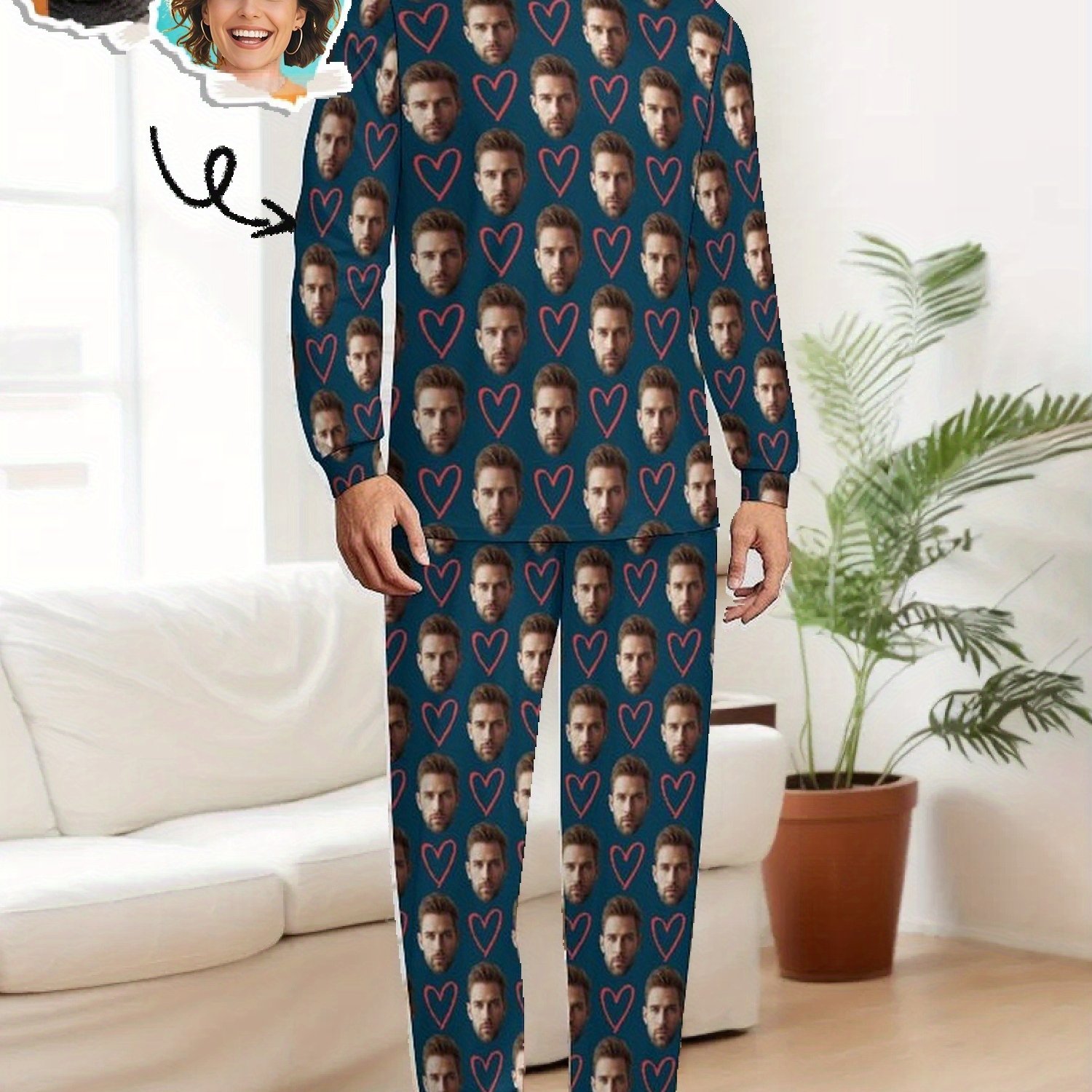 TEMU Pyjama pour Homme YY avec Impression de Visage Personnalisée, Pyjama Thermique Confortable à Manches Longues avec Photo de Visage Personnalisée,