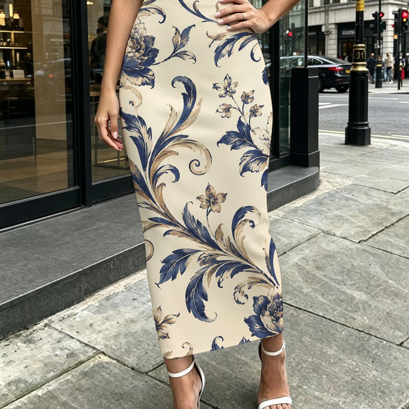 TEMU Vintage Blue Floral Pattern Women's Printed Mid-length Hip-hugging Skirt For Office, Cafe, Dinner Party, Beach, Casual Wear